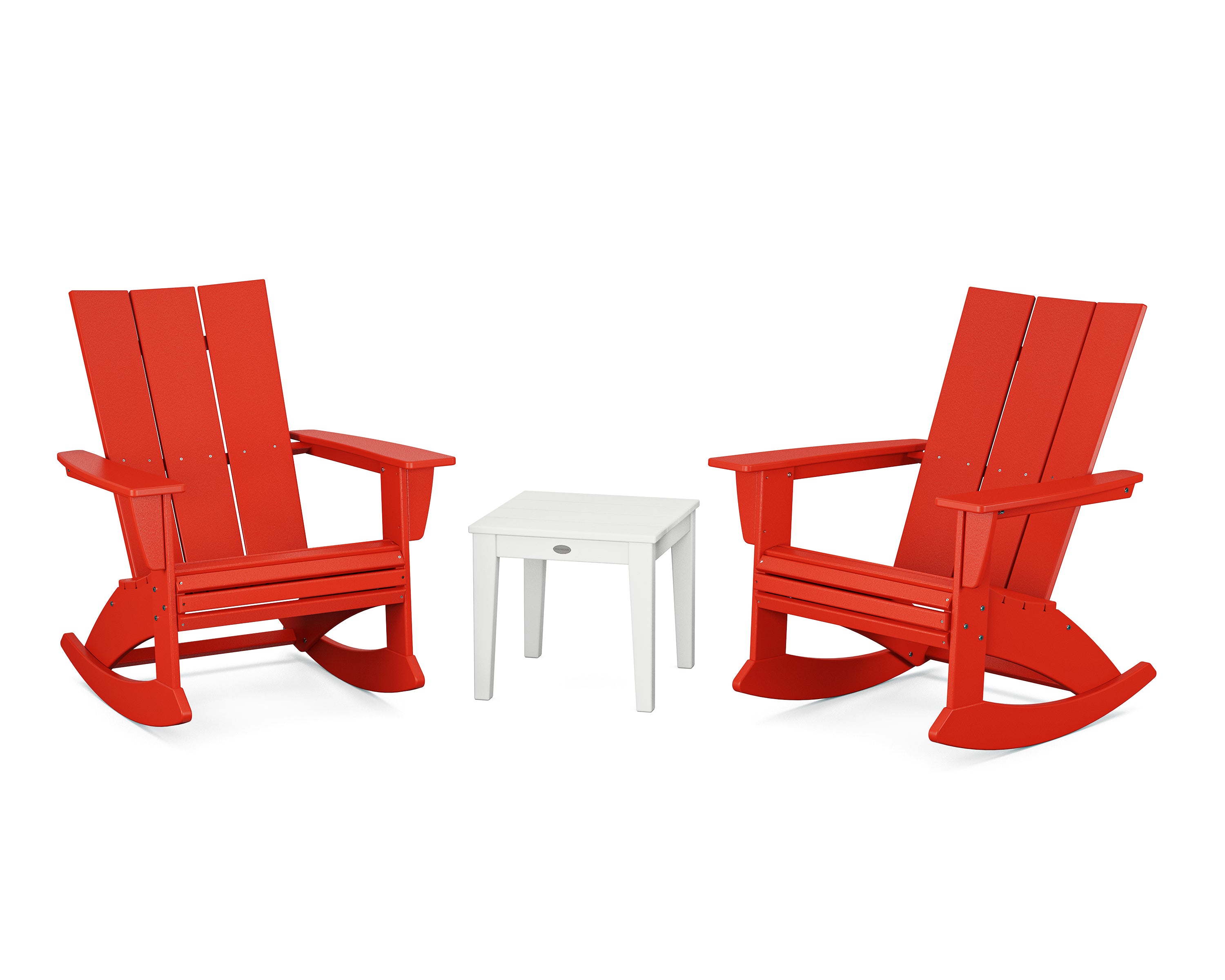 POLYWOOD Modern Curveback 3-Piece Adirondack Rocking Chair Set in Sunset Red / White