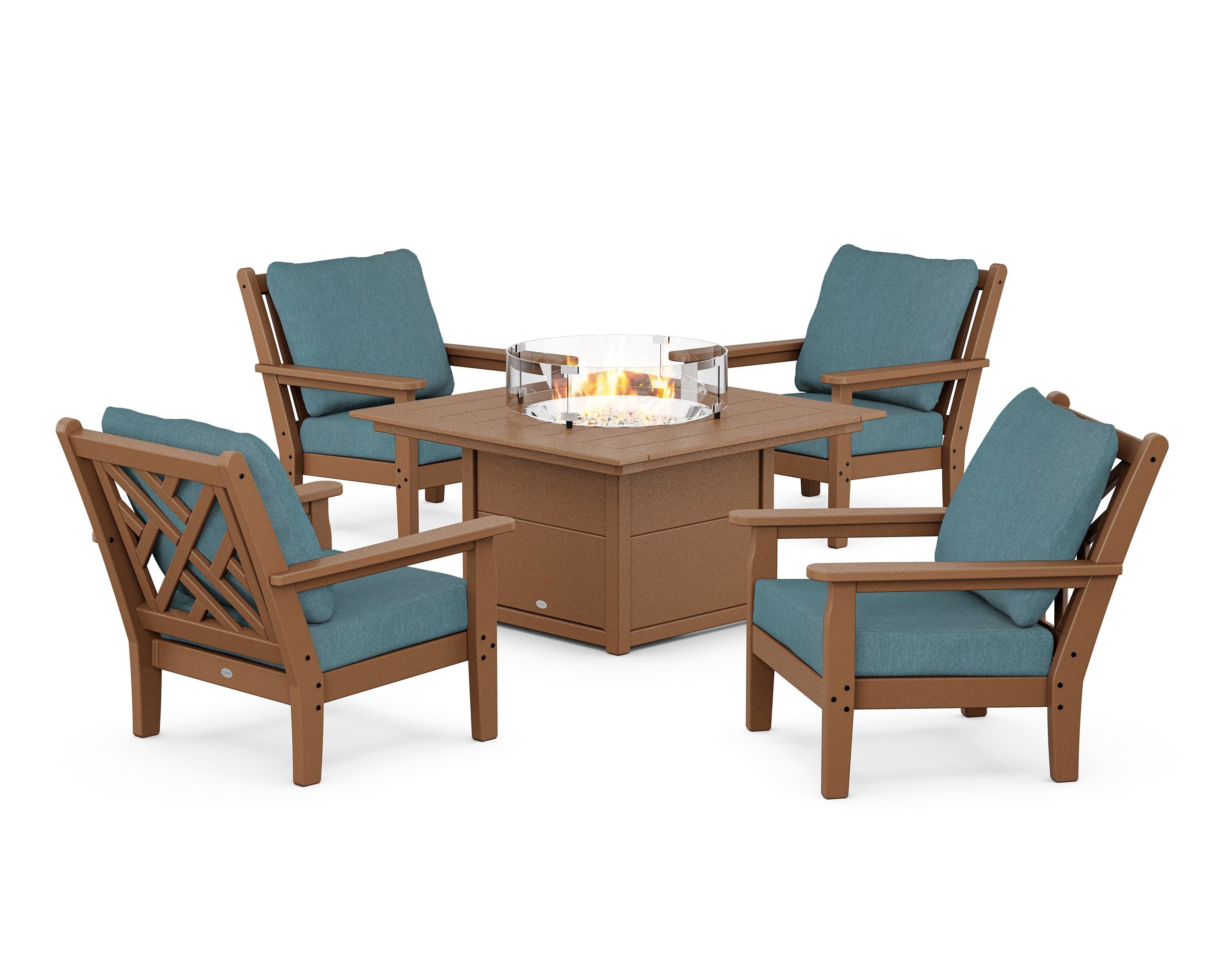POLYWOOD Chippendale 5-Piece Deep Seating Set with Fire Pit Table in Teak / Ocean Teal