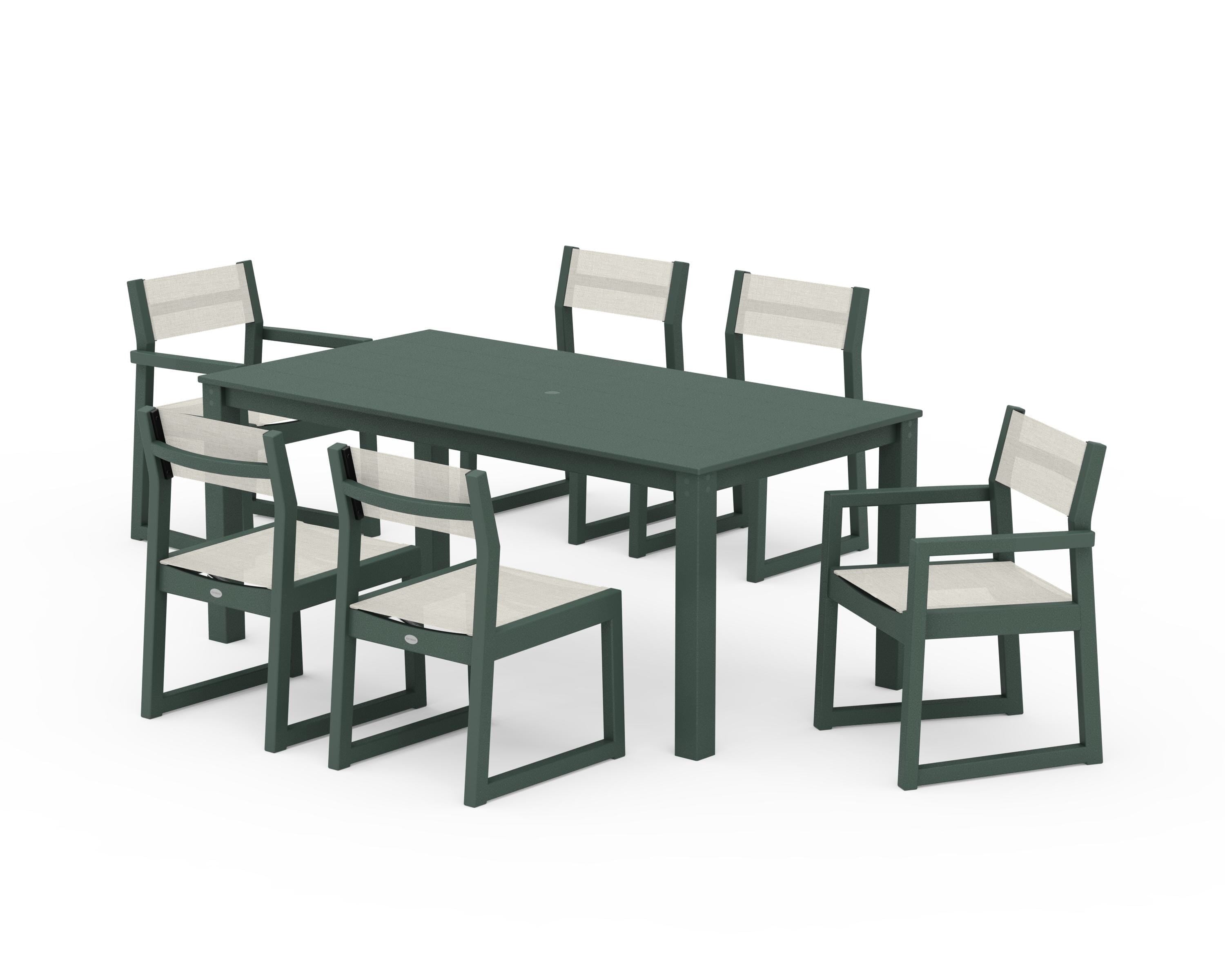 POLYWOOD EDGE Sling 7-Piece Parsons Dining Set in Green / Parchment Sling