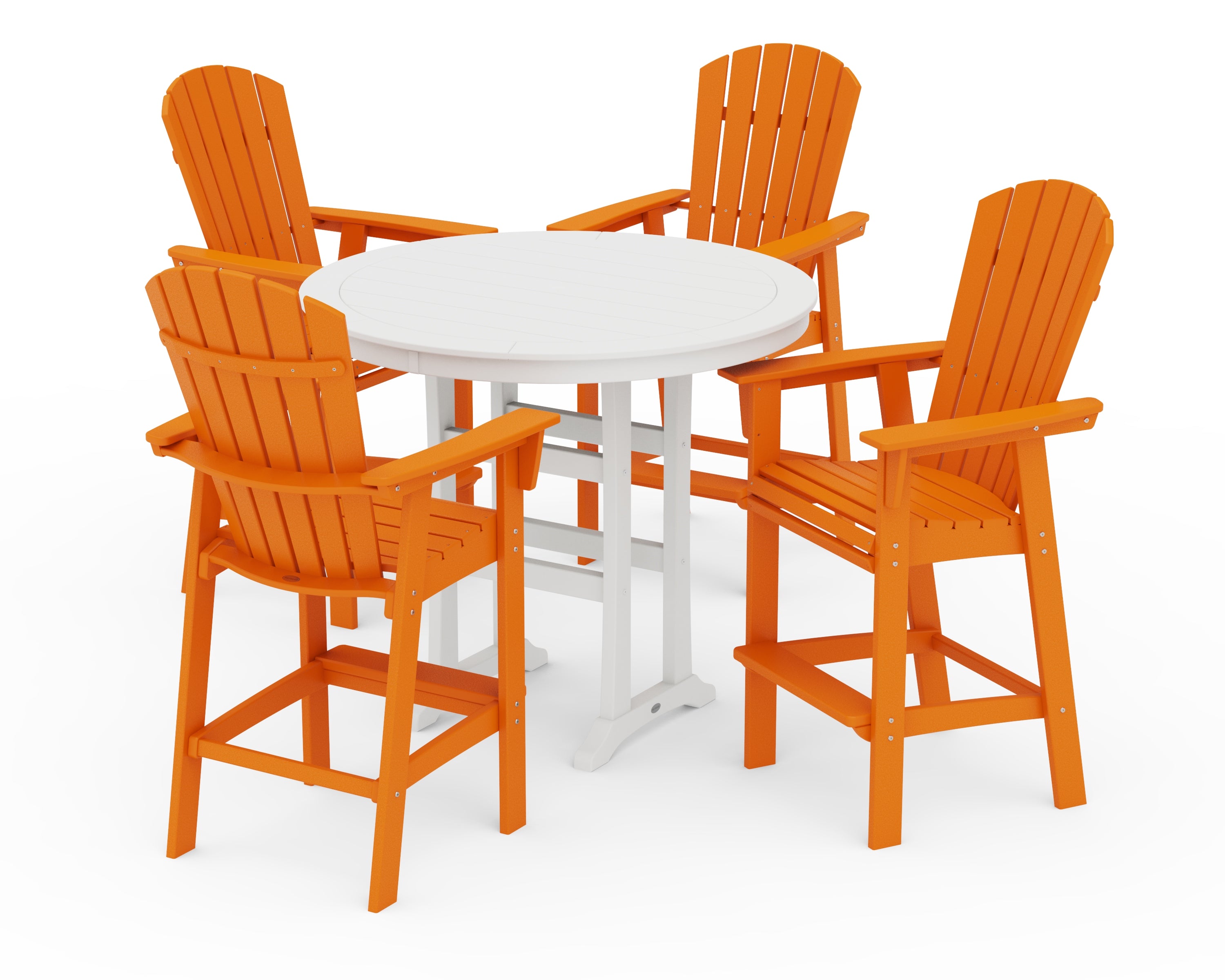 POLYWOOD Nautical Curveback Adirondack 5-Piece Round Trestle Bar Set in Tangerine / White