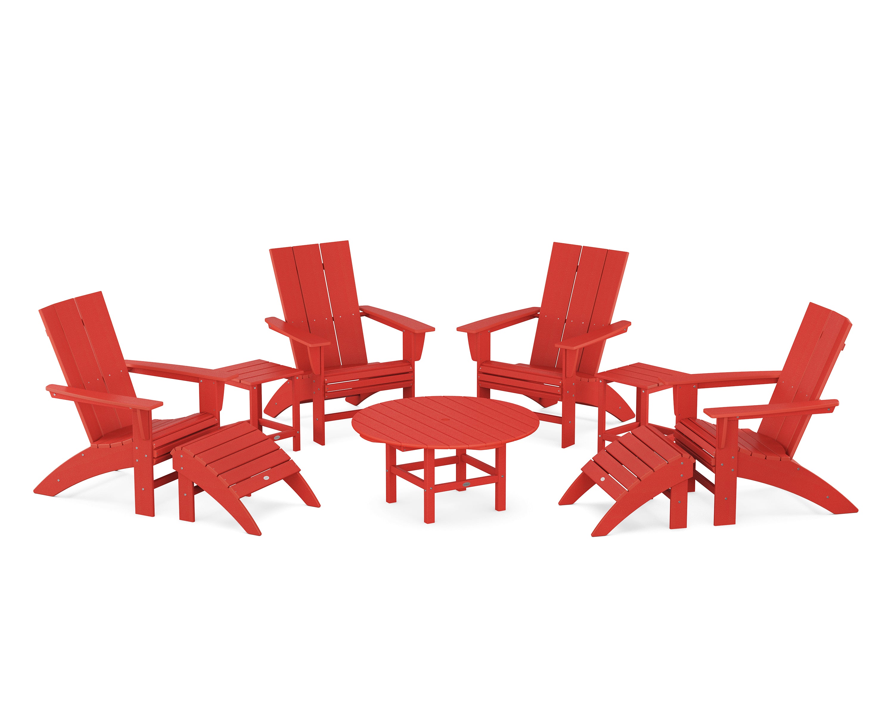 POLYWOOD® Modern Curveback Adirondack Chair 9-Piece Conversation Set in Sunset Red