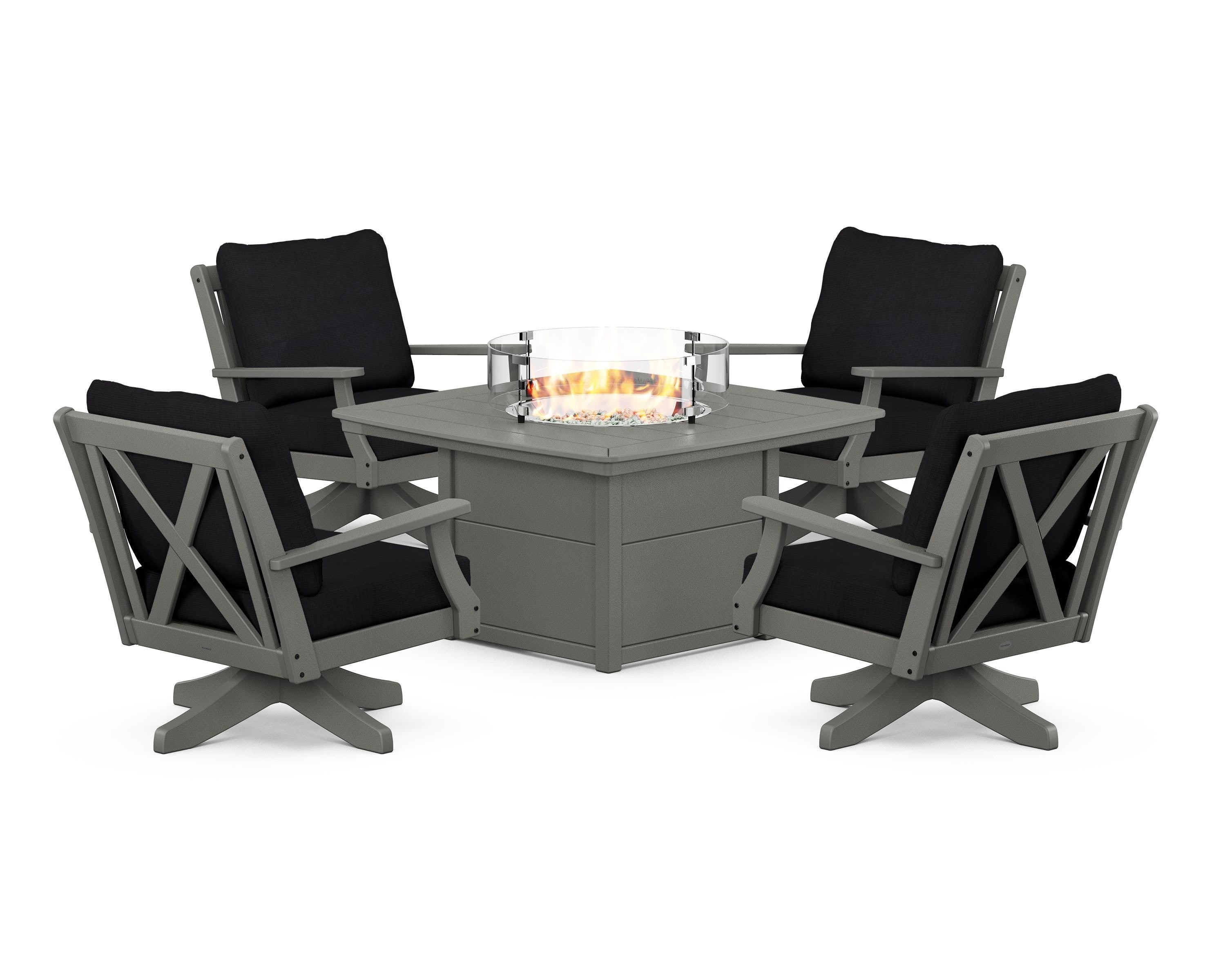 POLYWOOD Braxton 5-Piece Deep Seating Swivel Conversation Set with Fire Pit Table in Slate Grey / Midnight Linen