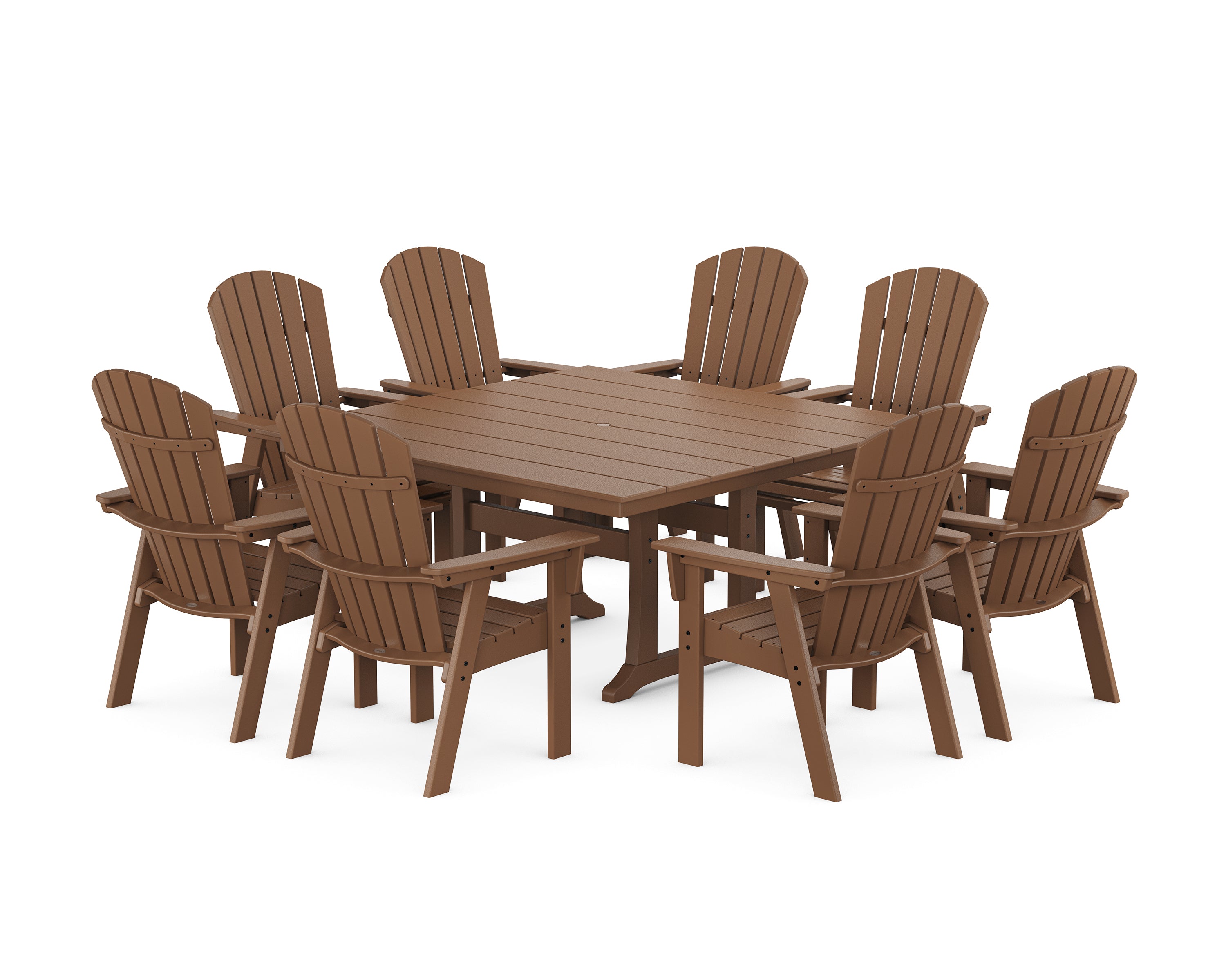 POLYWOOD Nautical Curveback Adirondack 9-Piece Square Dining Set with Trestle Legs in Teak