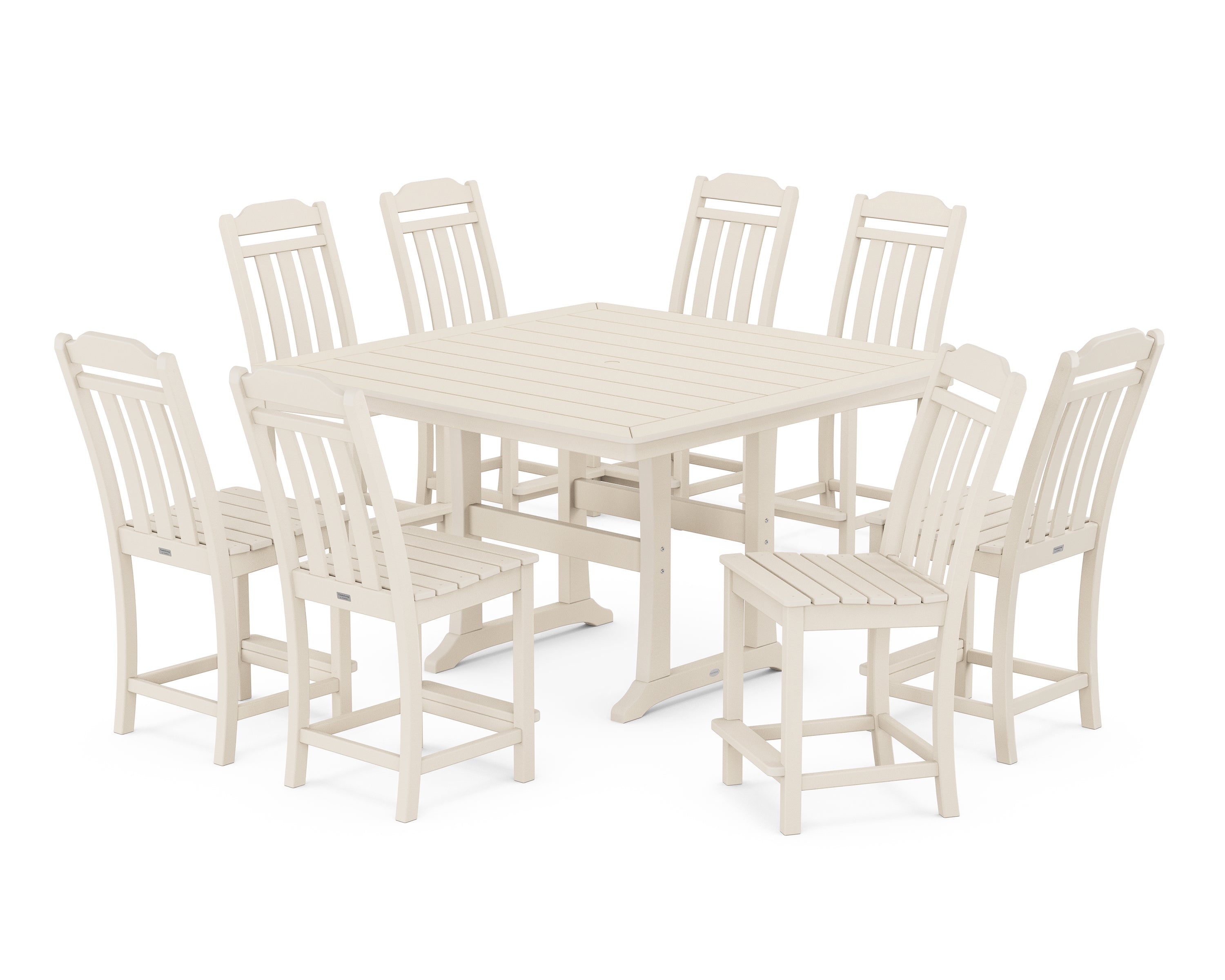 POLYWOOD Country Living 9-Piece Square Side Chair Counter Set with Trestle Legs in Sand