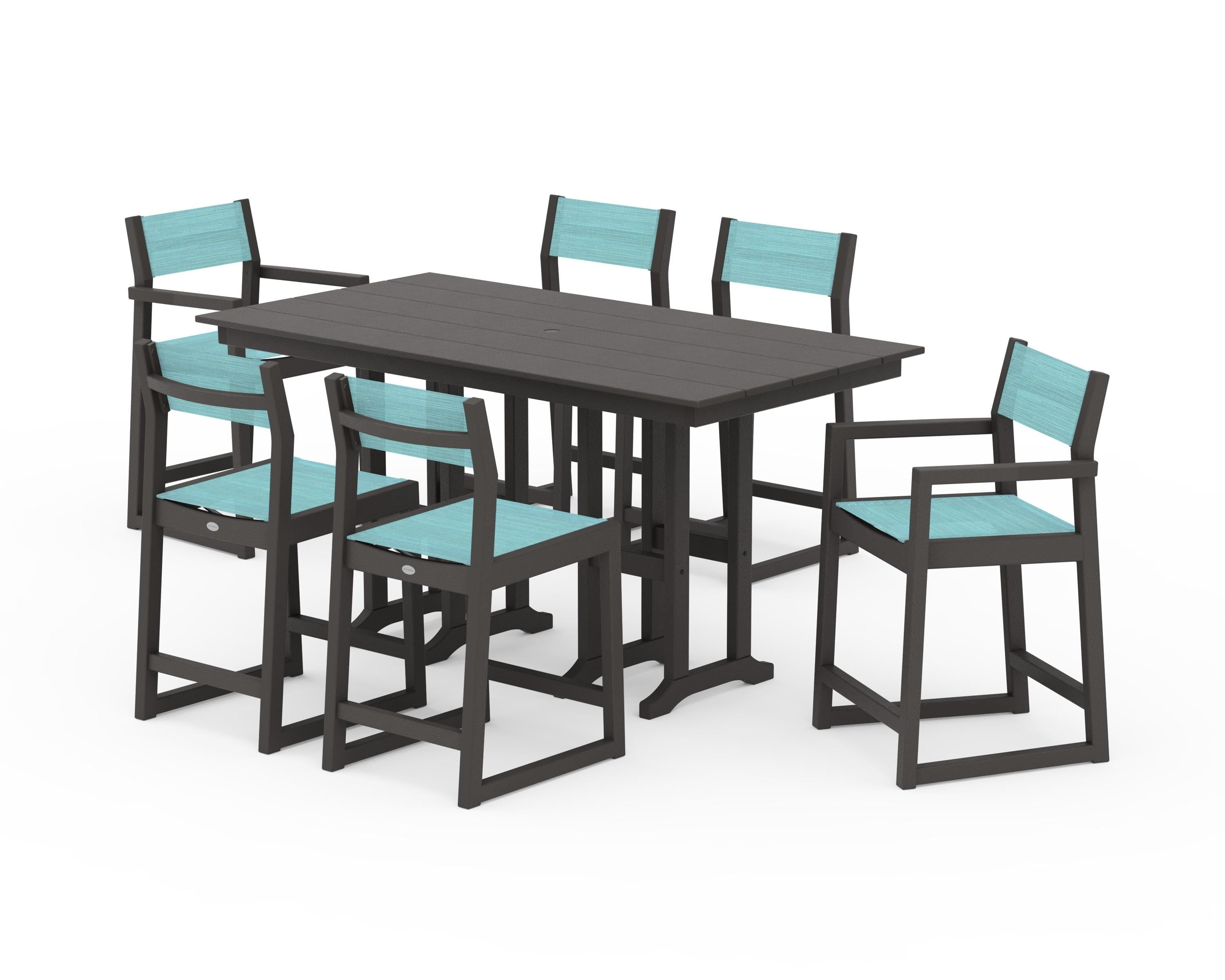 POLYWOOD EDGE Sling 7-Piece Farmhouse Counter Set in Vintage Coffee / Dupioni Aquamarine Sling
