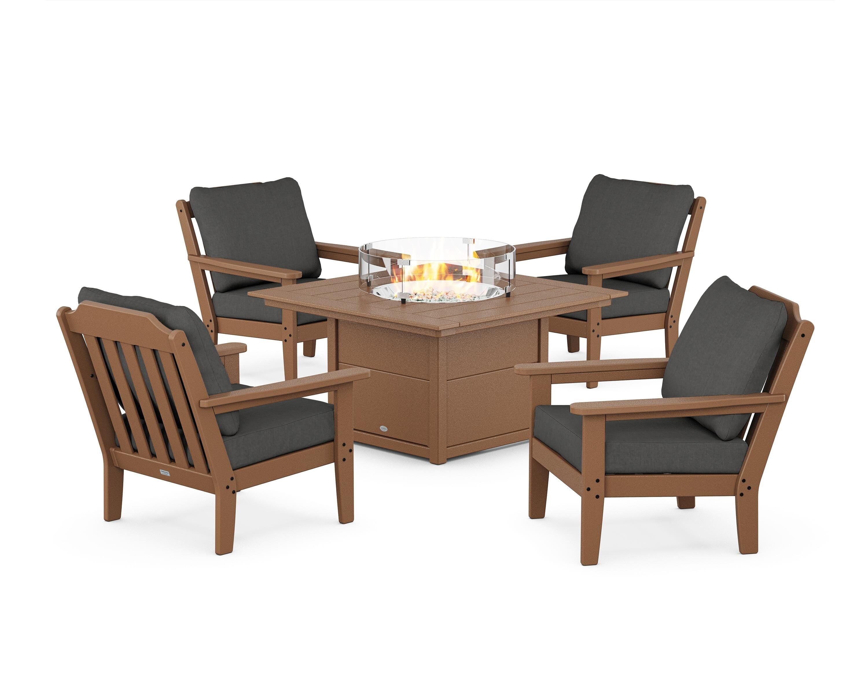 Country Living Cottage 5-Piece Deep Seating Set with Fire Pit Table in Teak / Spectrum Carbon