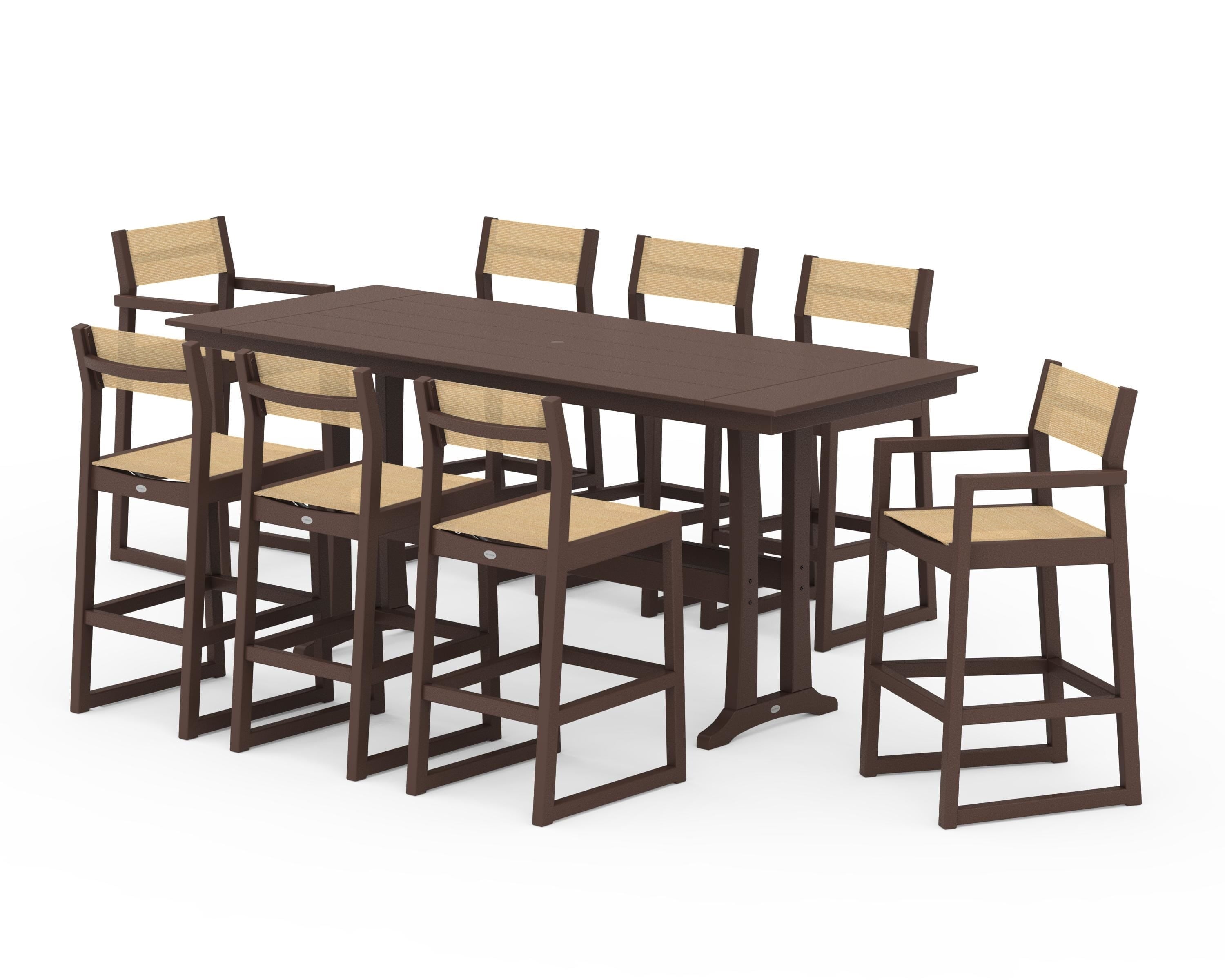 POLYWOOD EDGE Sling 9-Piece Farmhouse Bar Set with Trestle Legs in Mahogany / Dupioni Apricot Sling