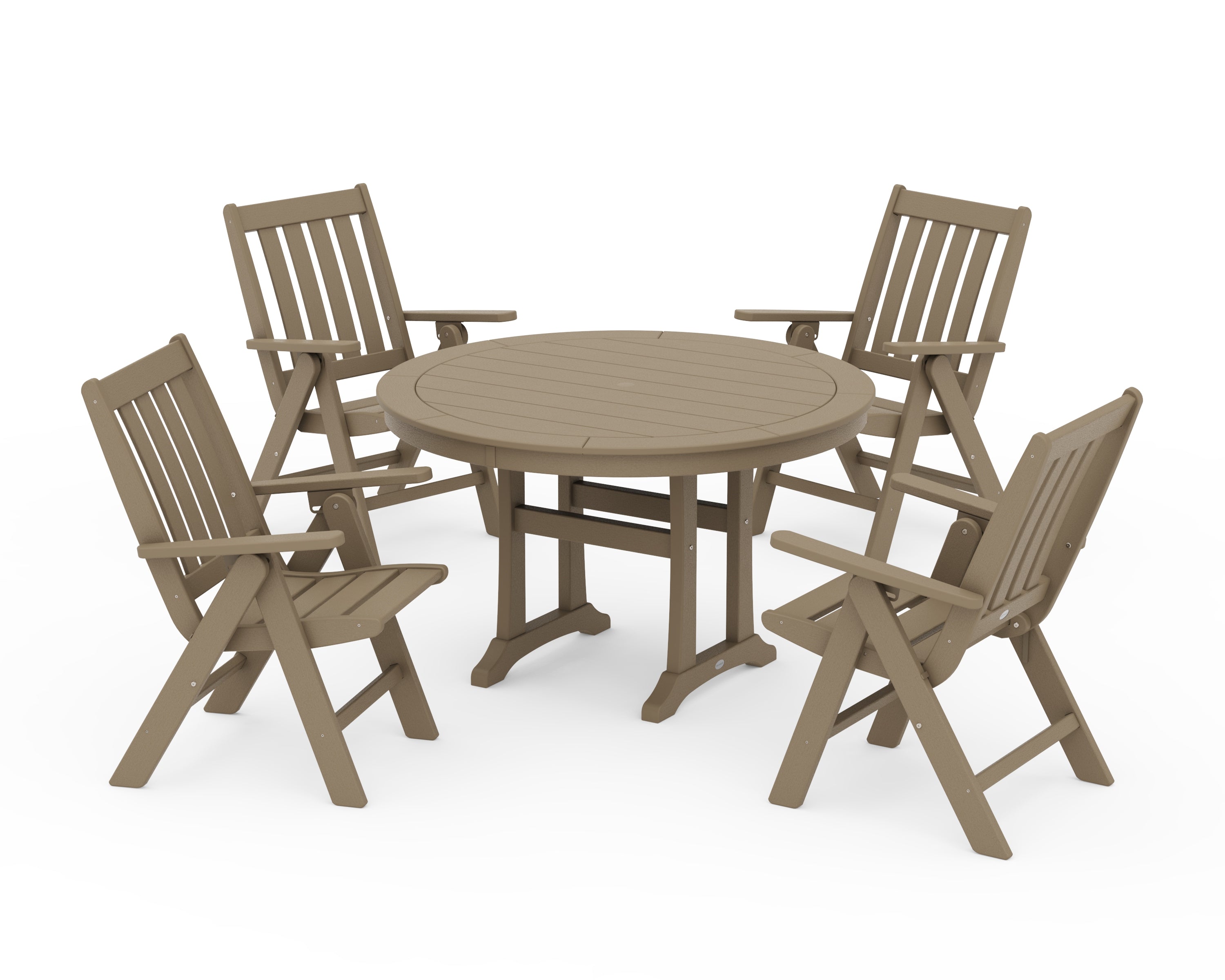 POLYWOOD Vineyard Folding Chair 5-Piece Round Dining Set with Trestle Legs in Vintage Sahara