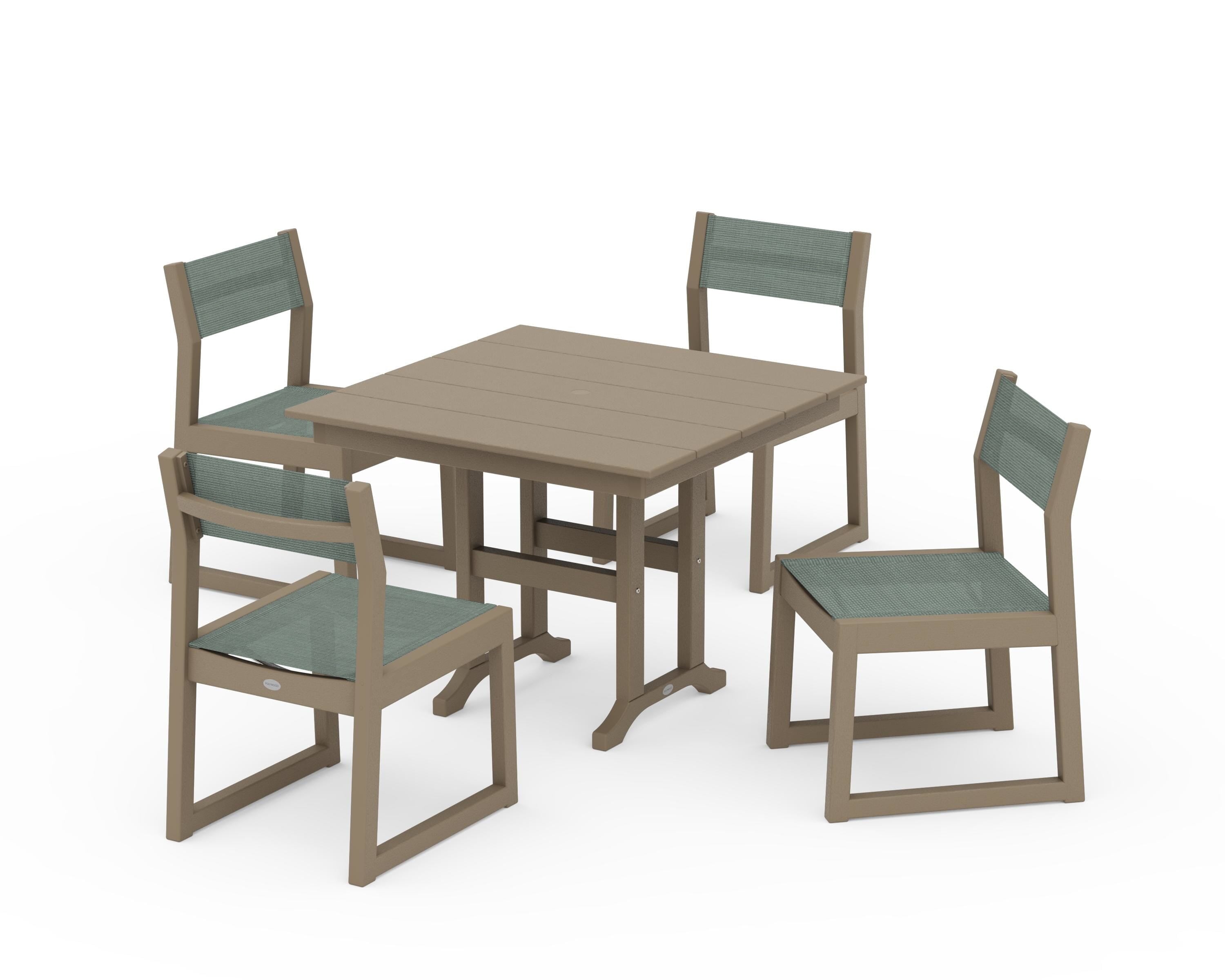 POLYWOOD EDGE Sling Side Chair 5-Piece Farmhouse Dining Set in Vintage Sahara / Dupioni Sea Mist Sling