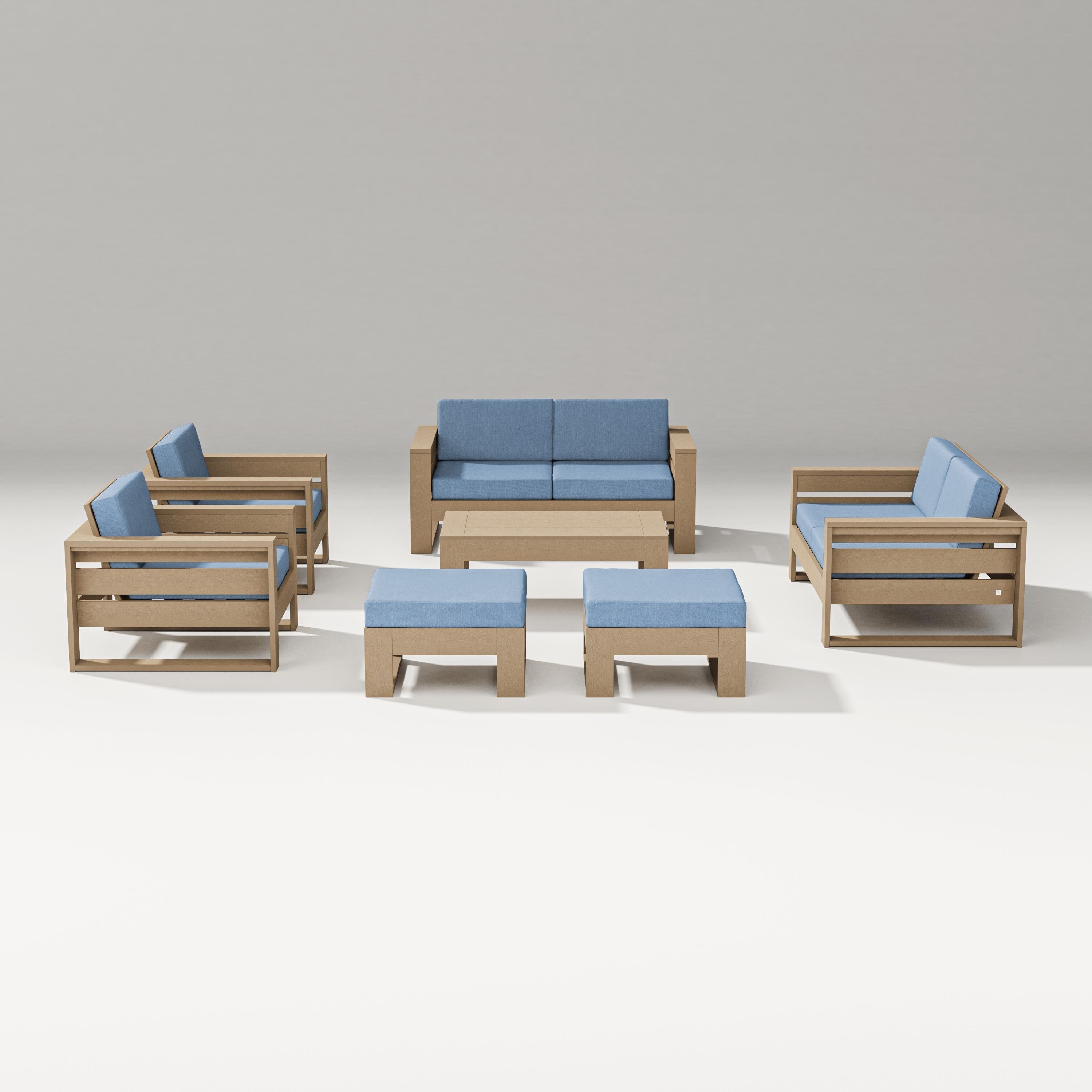 PW Designer Series Latitude 7-Piece Lounge Loveseat Set in Vintage Sahara / Sky Blue