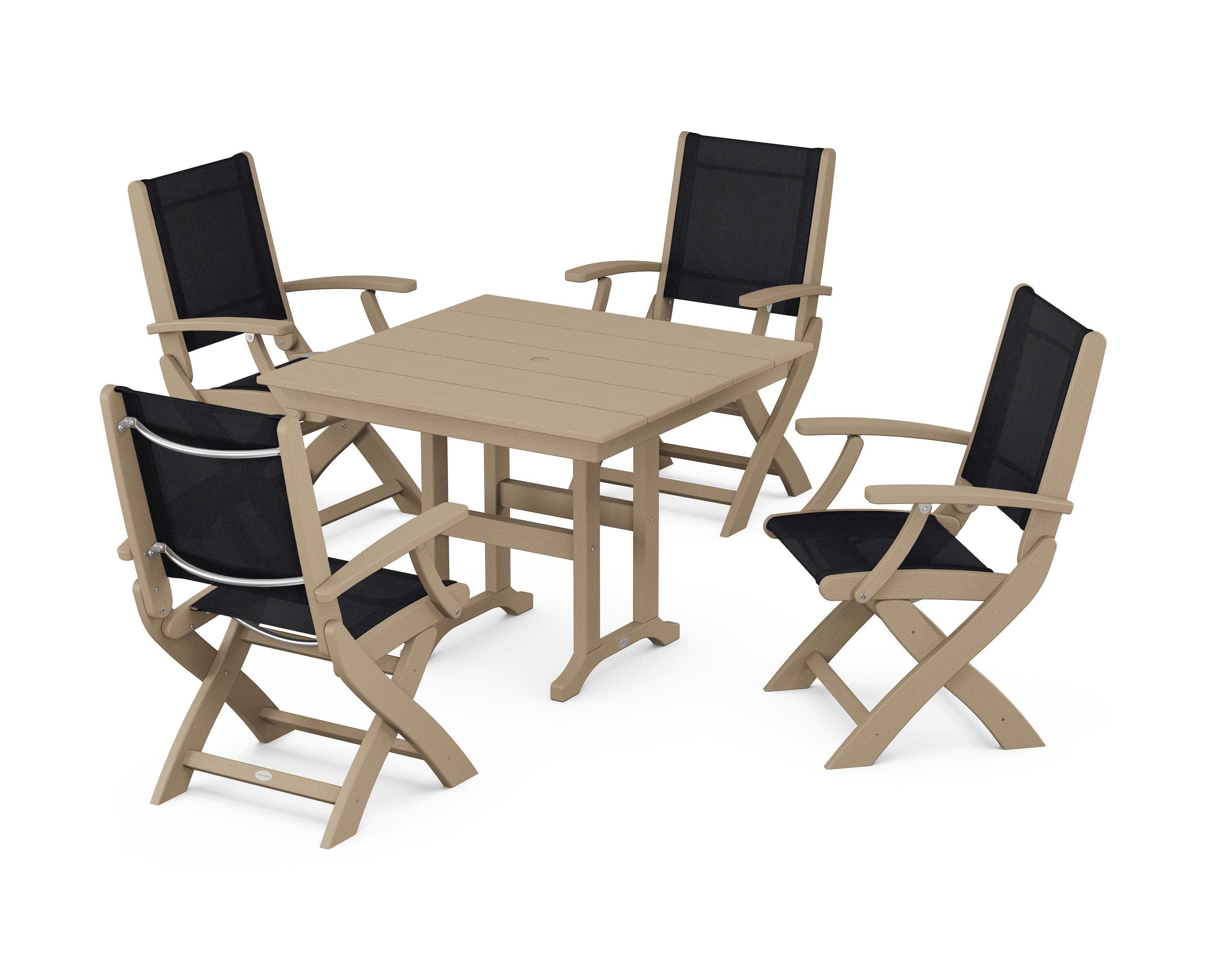 POLYWOOD Coastal Folding Chair 5-Piece Farmhouse Dining Set in Vintage Sahara / Black Sling
