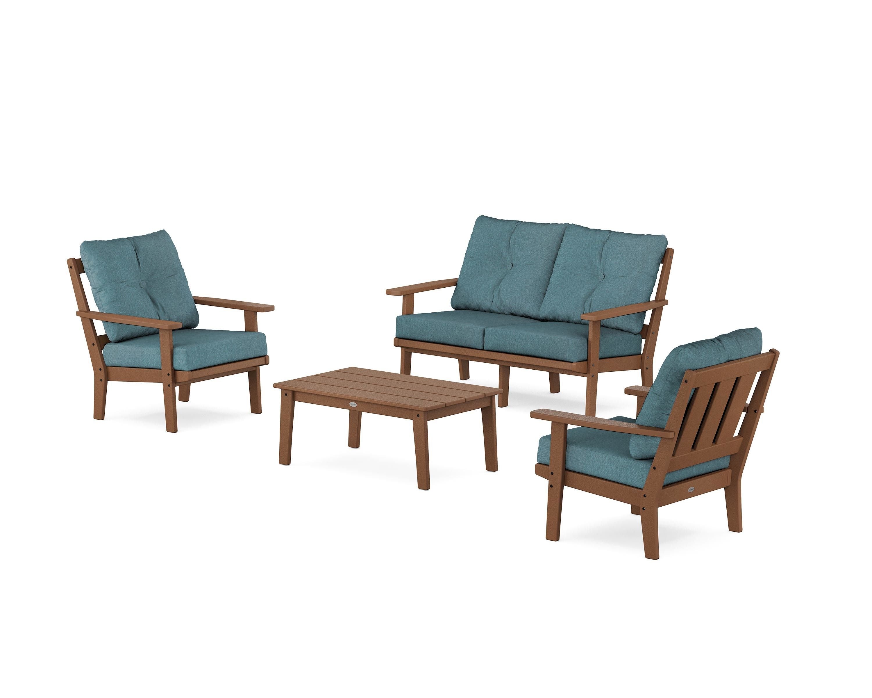 POLYWOOD Oxford 4-Piece Deep Seating Set with Loveseat in Teak / Ocean Teal