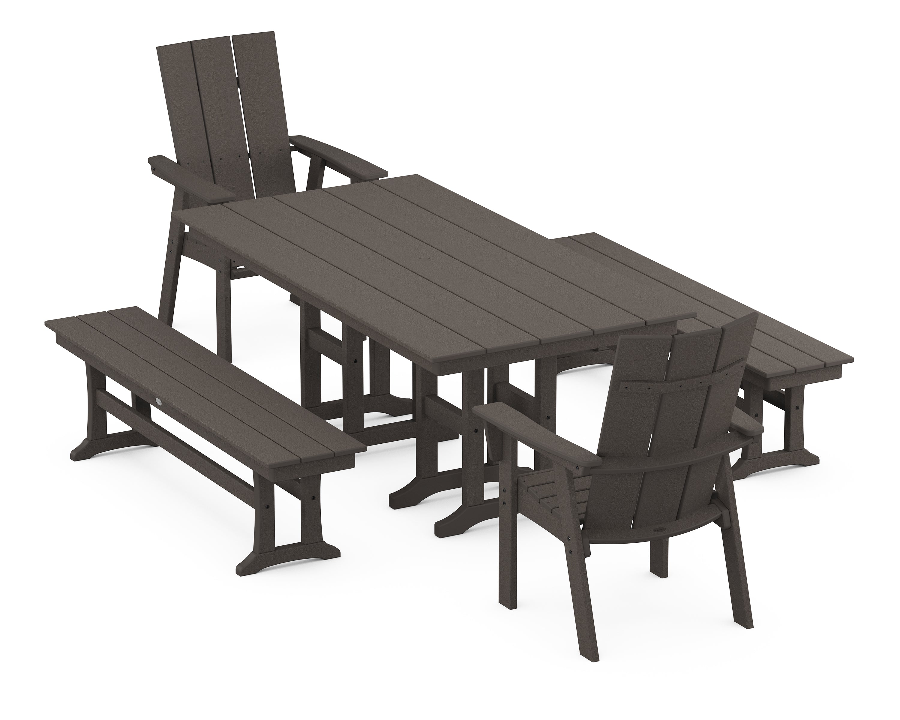 POLYWOOD® Modern Curveback Adirondack 5-Piece Farmhouse Dining Set with Benches in Vintage Coffee