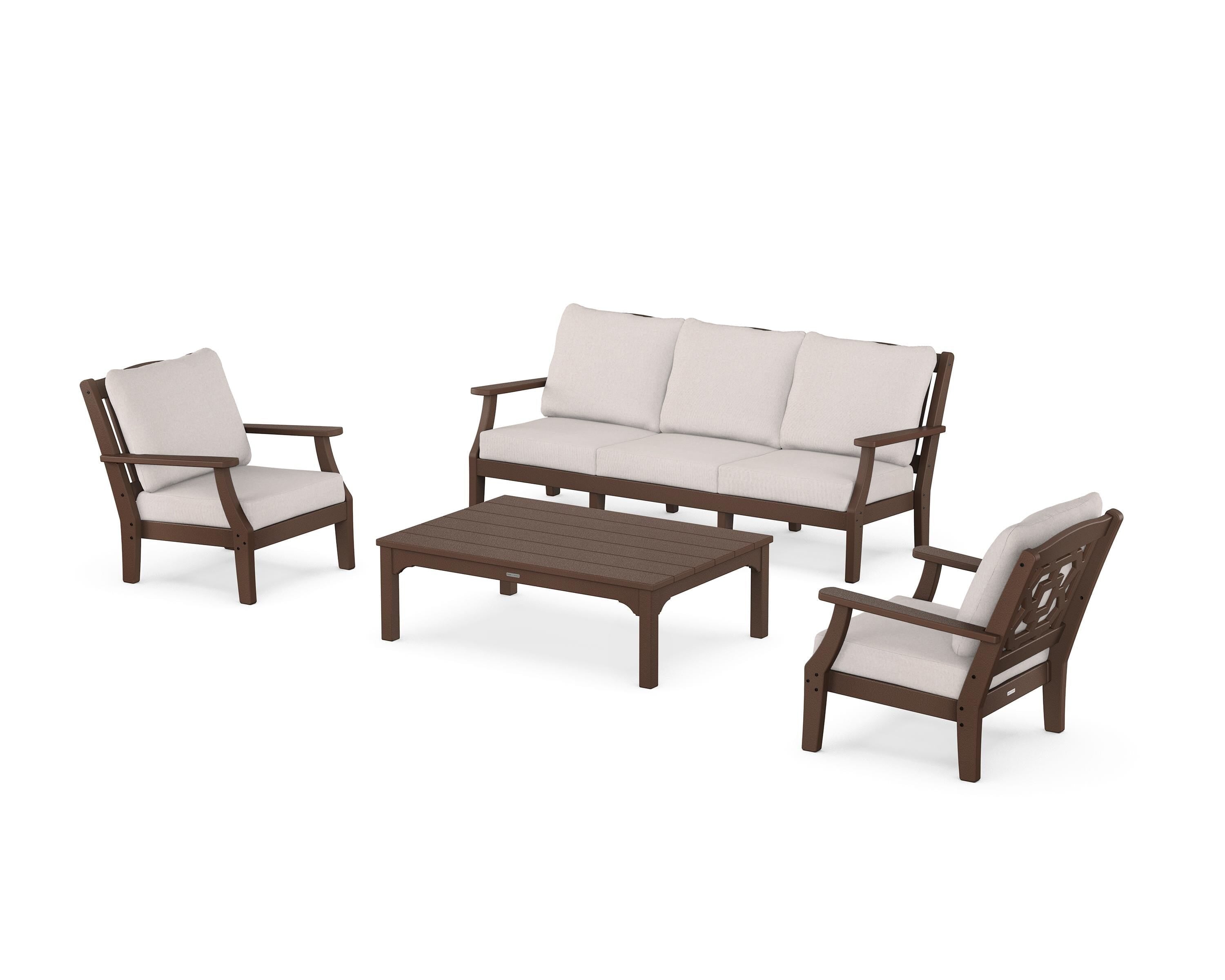 Martha Stewart by POLYWOOD Chinoiserie 4-Piece Deep Seating Set with Sofa in Mahogany / Dune Burlap