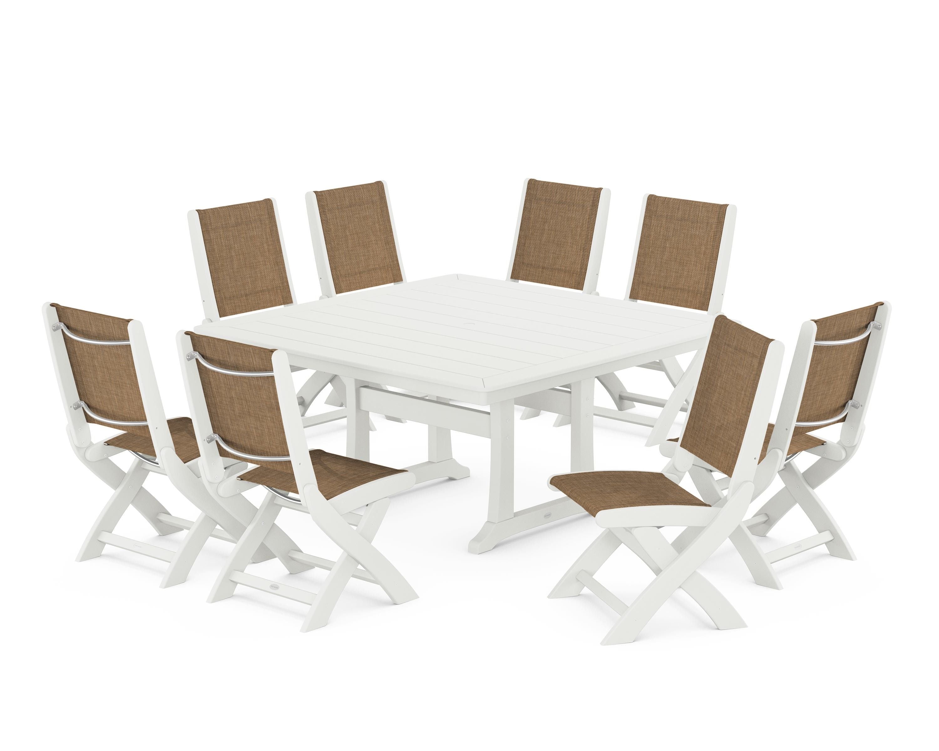 POLYWOOD Coastal Folding Side Chair 9-Piece Dining Set with Trestle Legs in Vintage White / Burlap Sling