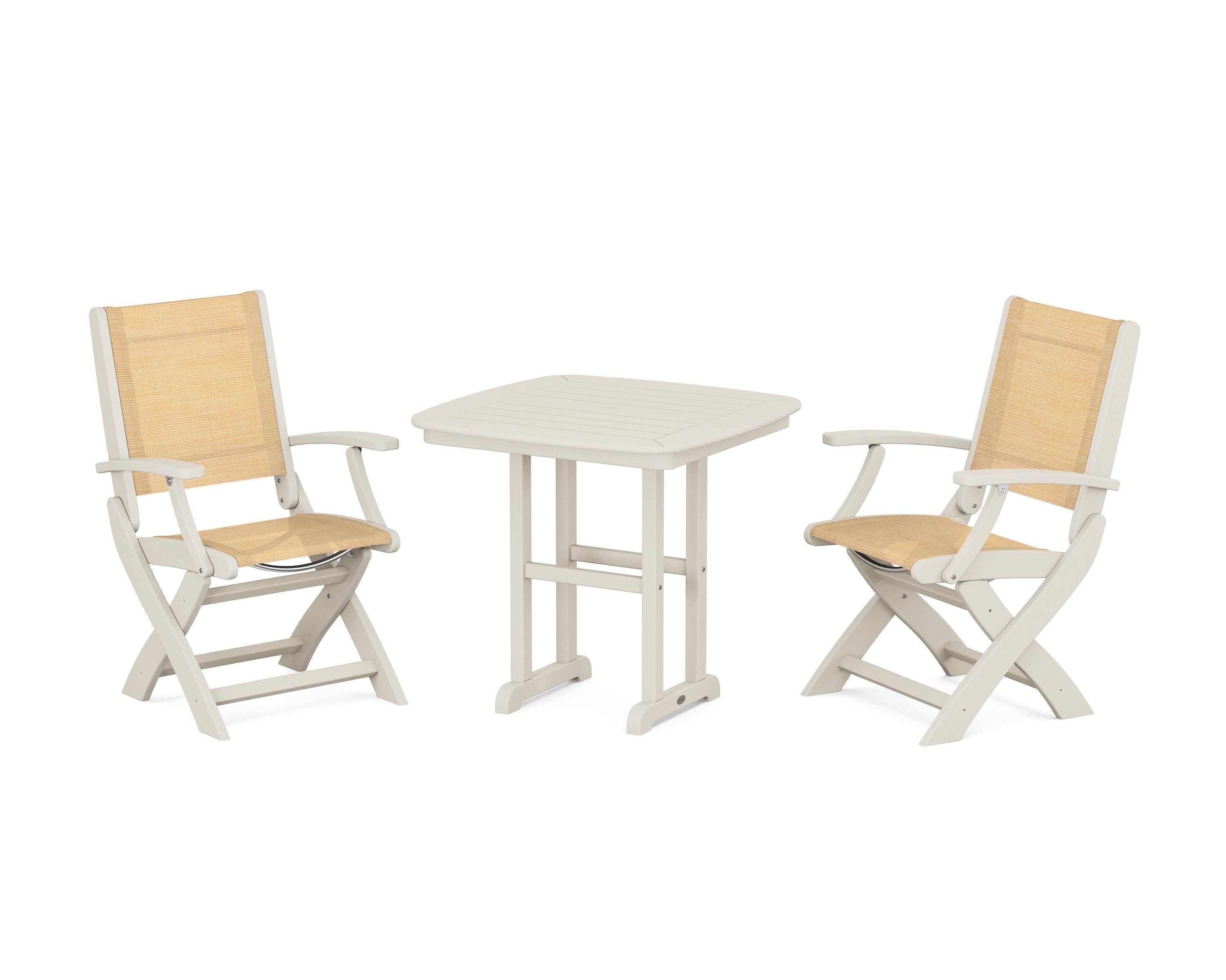 POLYWOOD Coastal Folding Chair 3-Piece Dining Set in Sand / Dupioni Apricot Sling