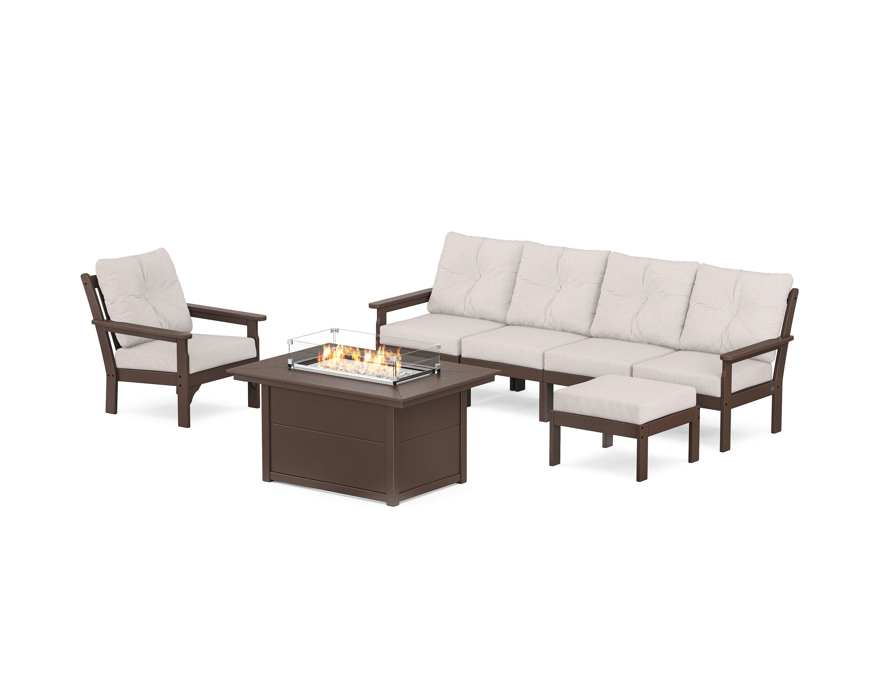 POLYWOOD Vineyard Sectional Lounge and Fire Pit Set in Mahogany / Dune Burlap