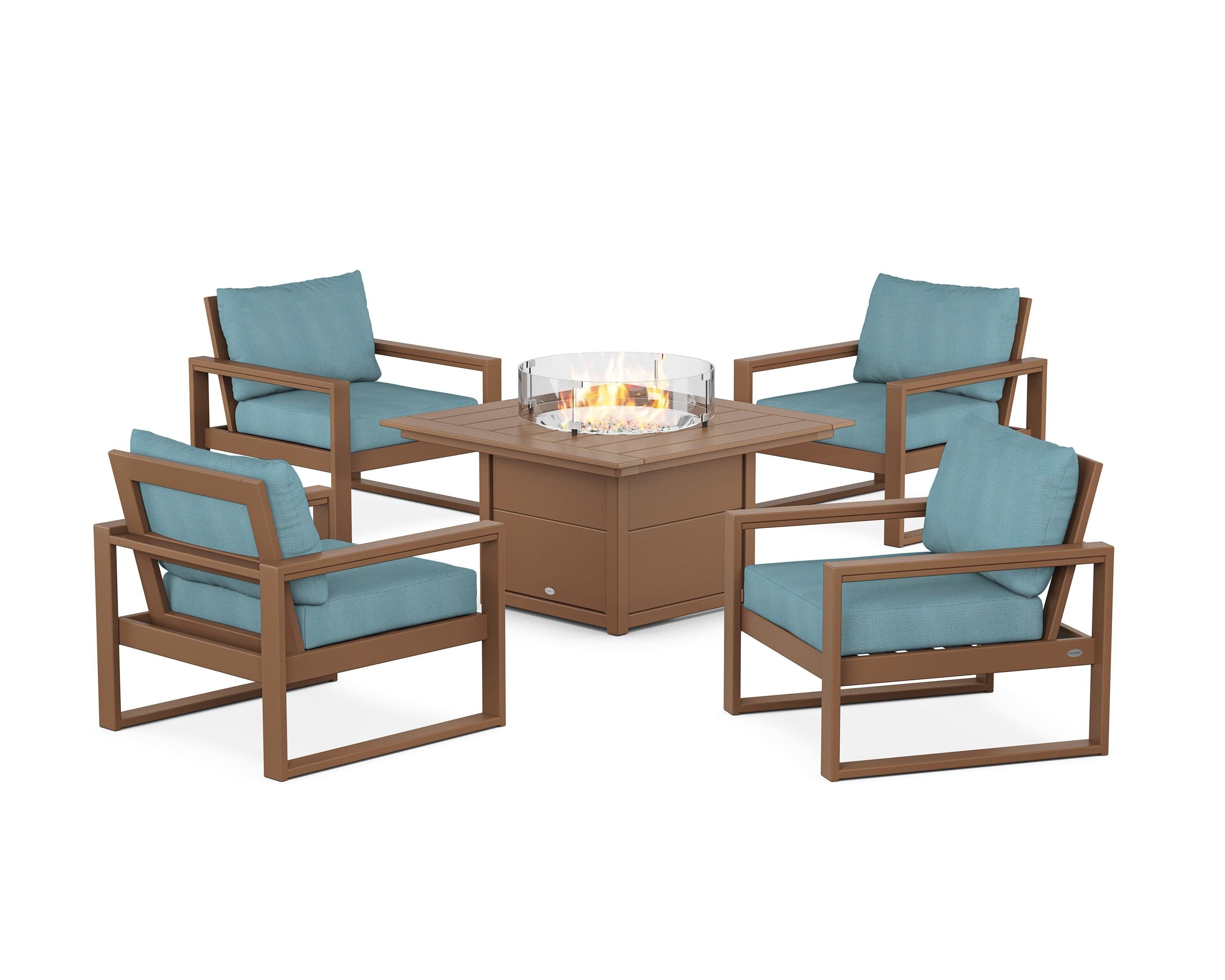 POLYWOOD EDGE Sectional 5-Piece Deep Seating Set with Fire Pit Table in Teak / Lattice Sky Blue