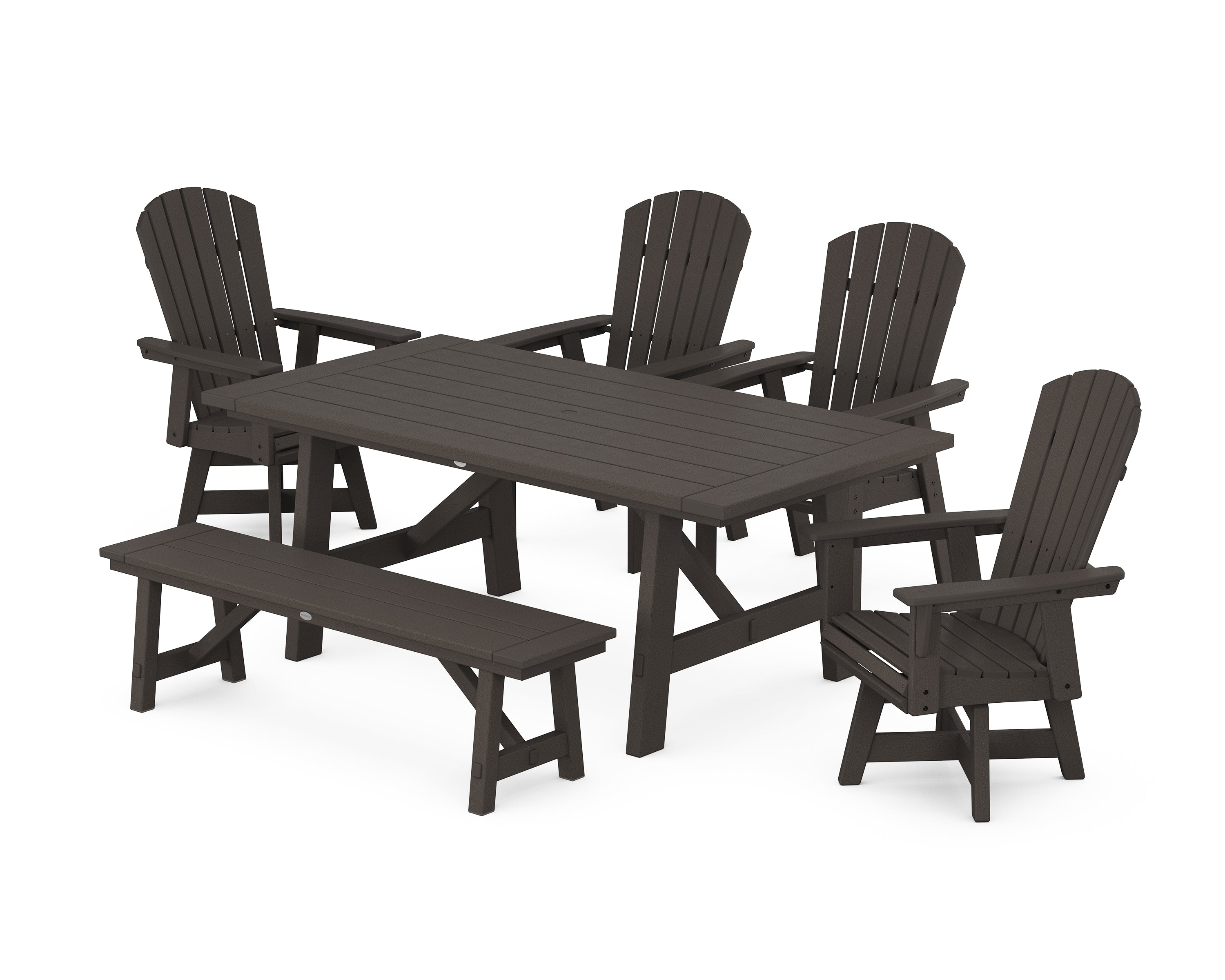 POLYWOOD Nautical Adirondack Swivel 6-Piece Rustic Farmhouse Dining Set With Trestle Legs in Vintage Coffee
