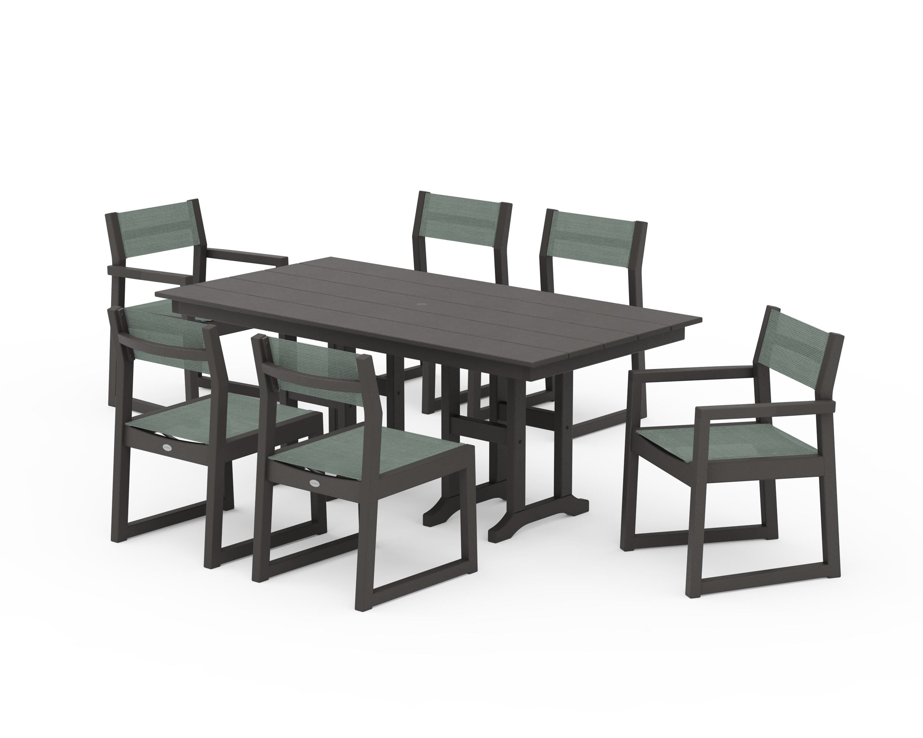 POLYWOOD EDGE Sling 7-Piece Farmhouse Dining Set in Vintage Coffee / Dupioni Sea Mist Sling