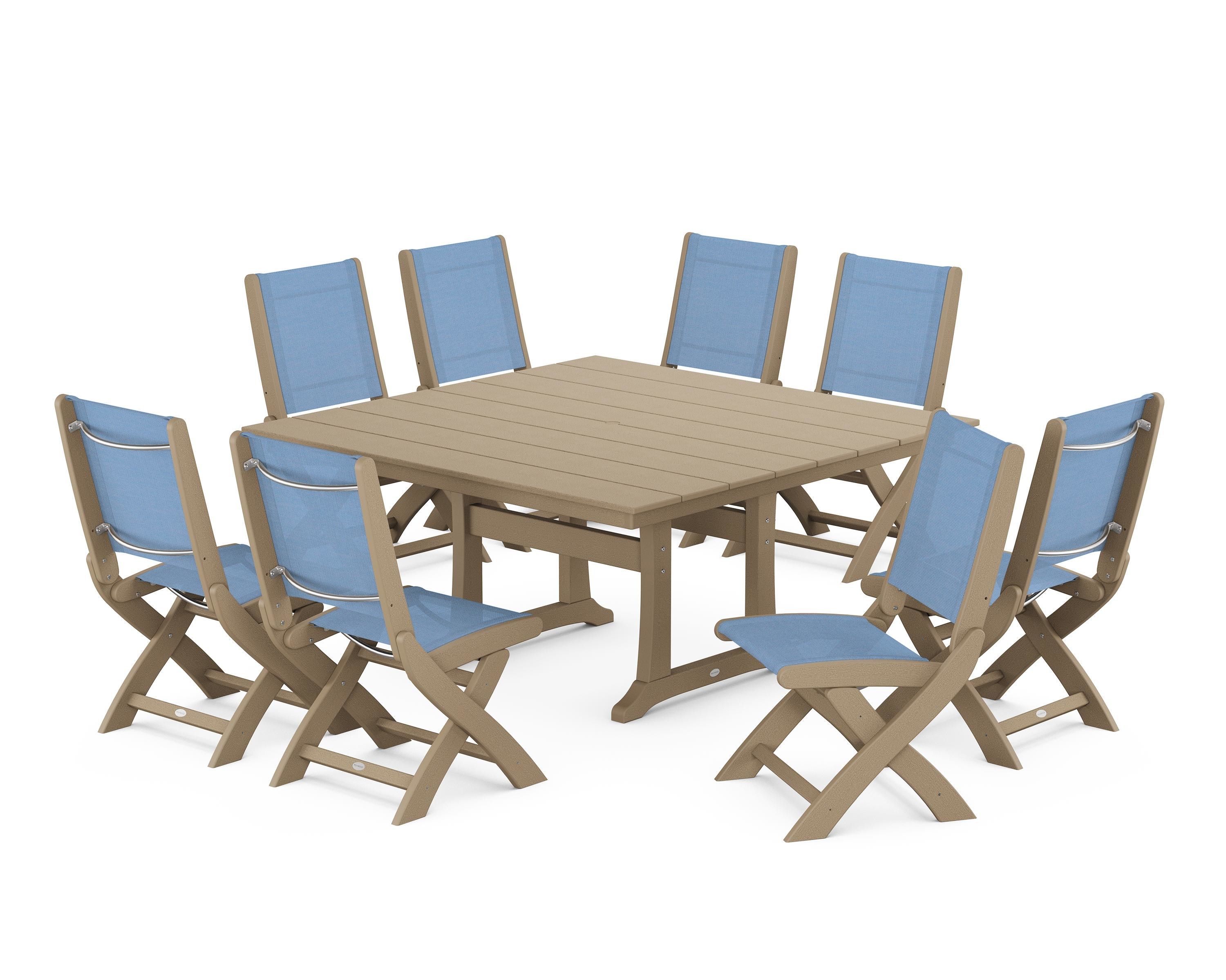 POLYWOOD Coastal Folding Side Chair 9-Piece Farmhouse Dining Set in Vintage Sahara / Poolside Sling