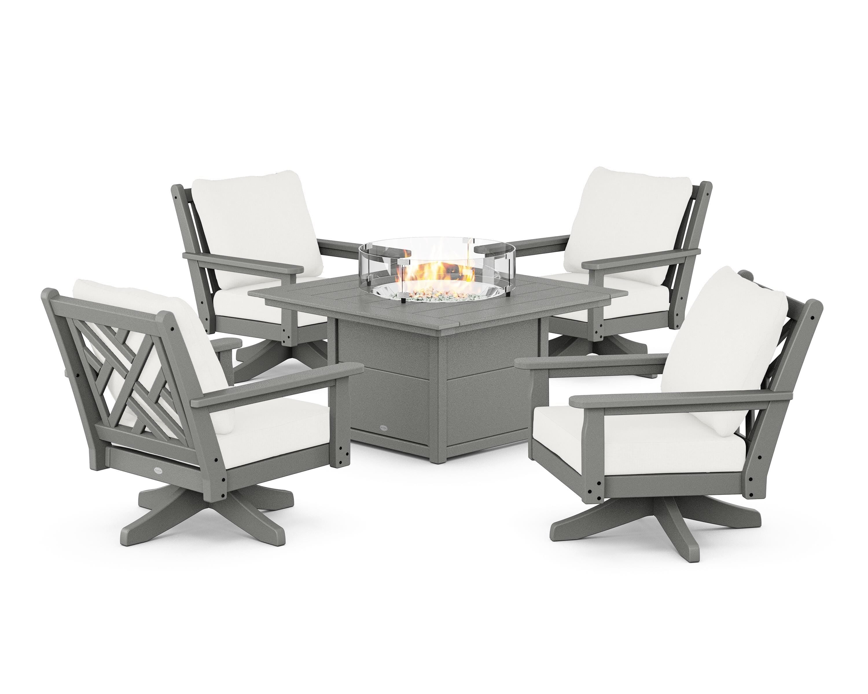 POLYWOOD Chippendale 5-Piece Deep Seating Swivel Conversation Set with Fire Pit Table in Slate Grey / Natural Linen