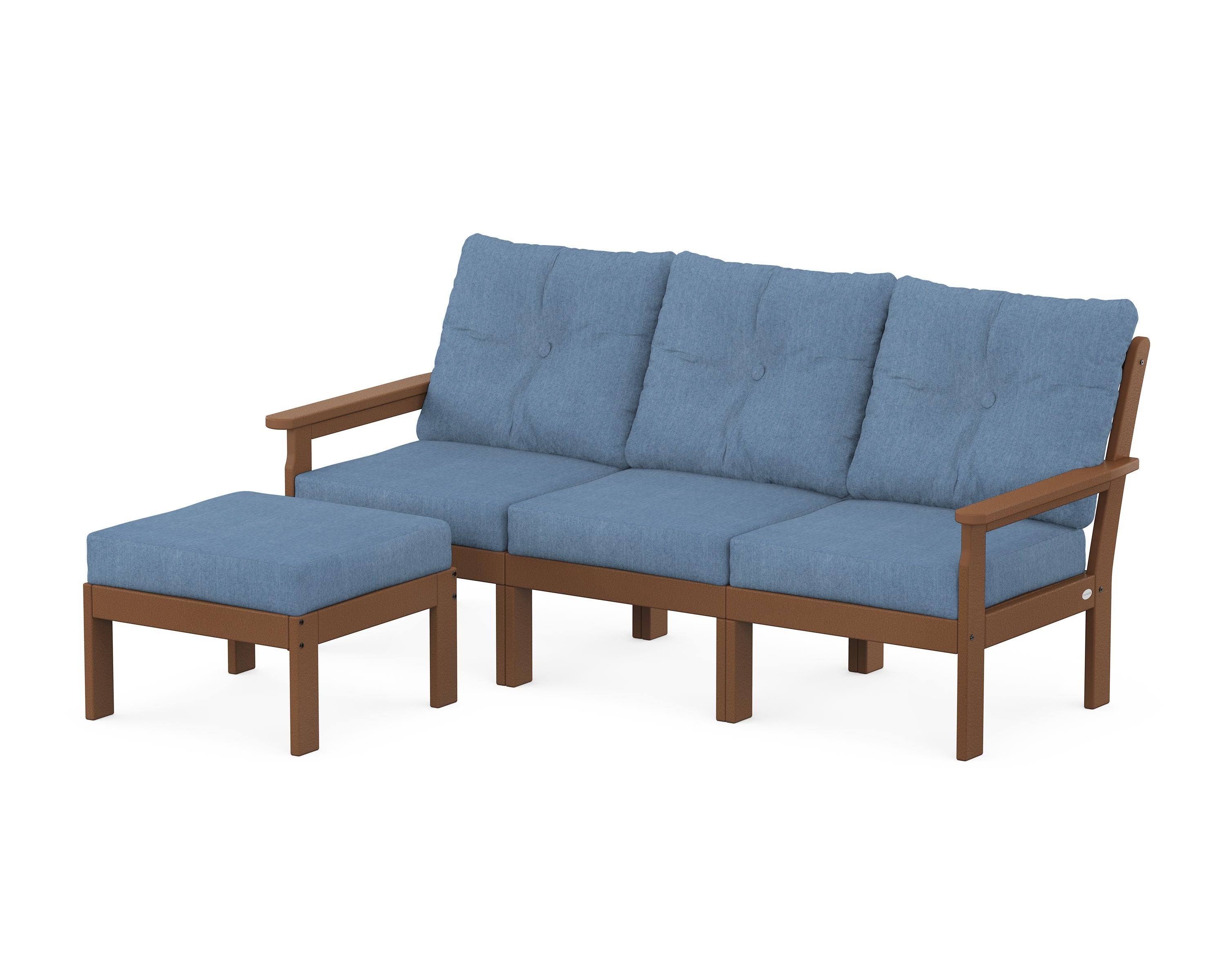 POLYWOOD Vineyard 4-Piece Sectional with Ottoman in Teak / Sky Blue