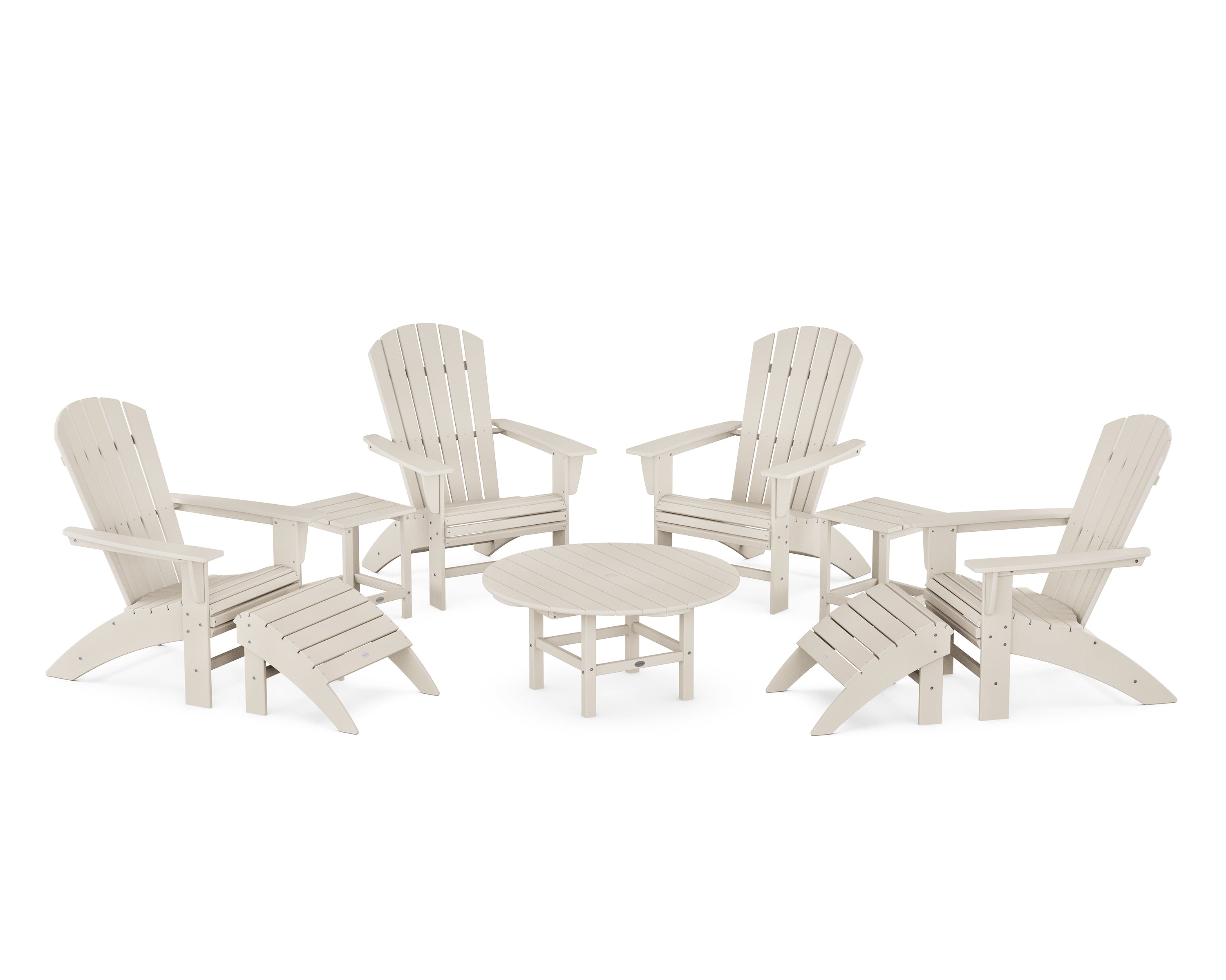 POLYWOOD® Nautical Curveback Adirondack Chair 9-Piece Conversation Set in Sand