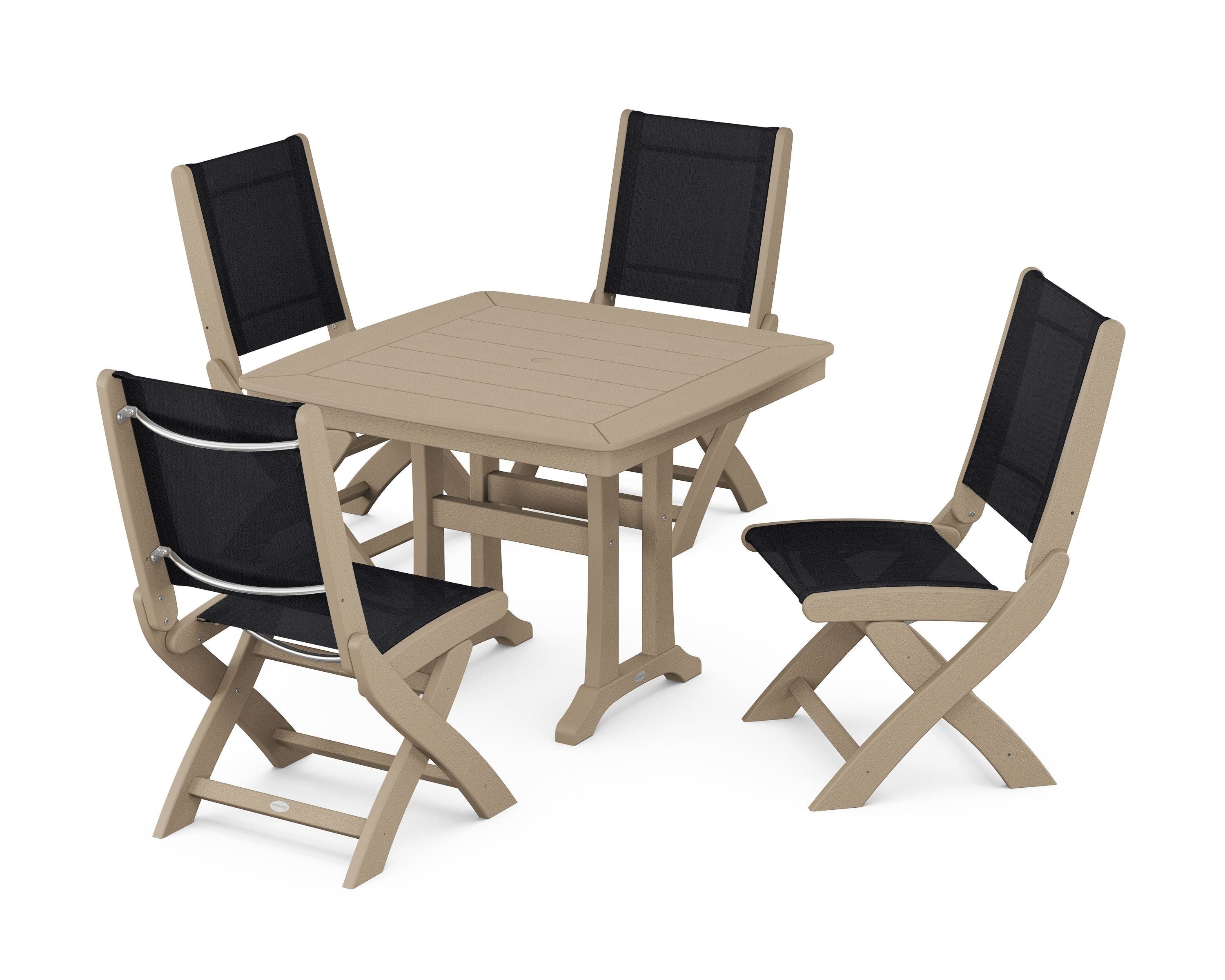 POLYWOOD Coastal Folding Side Chair 5-Piece Dining Set with Trestle Legs in Vintage Sahara / Black Sling