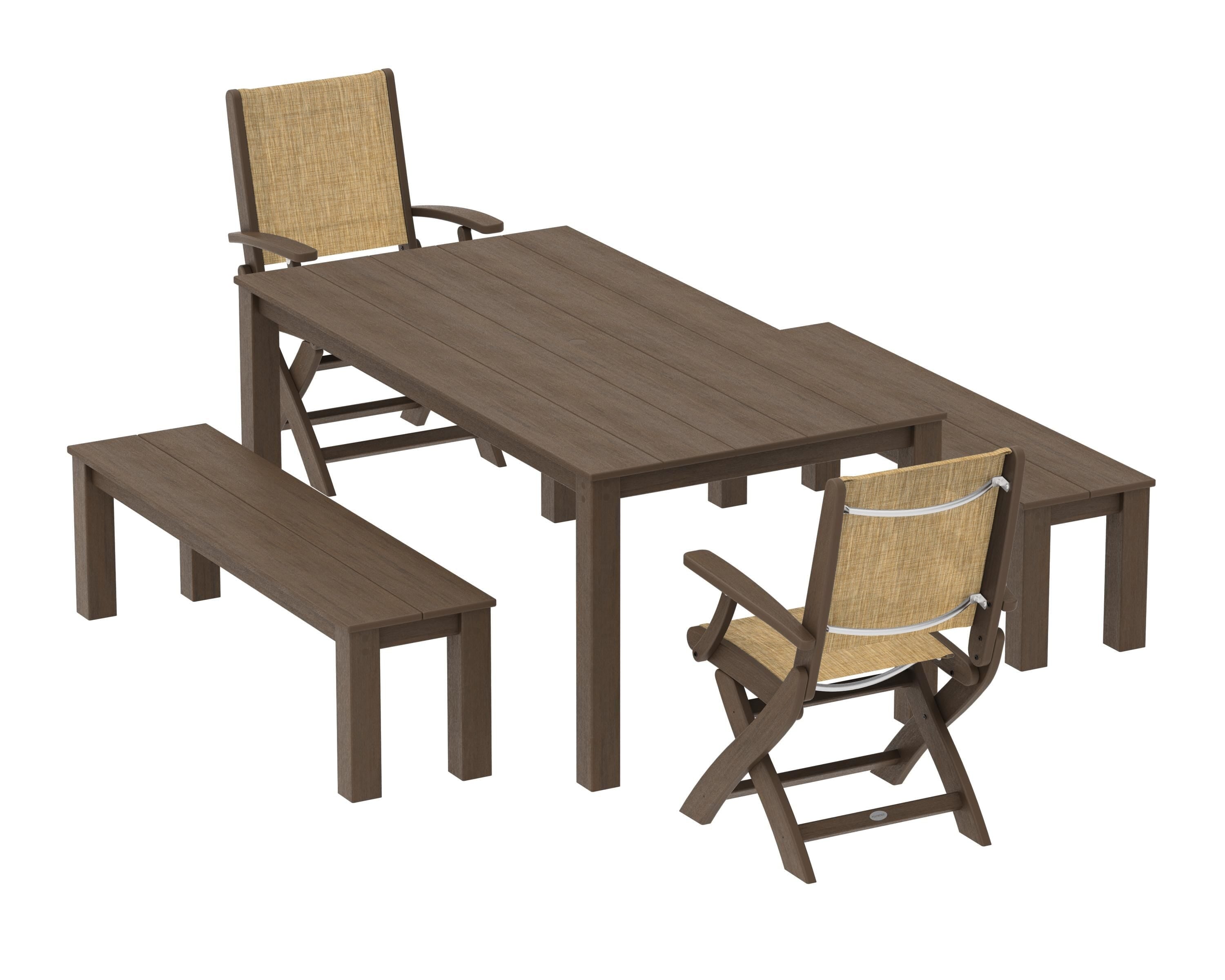 POLYWOOD Coastal Folding Chair 5-Piece Parsons Dining Set with Benches in Kona / Burlap Sling