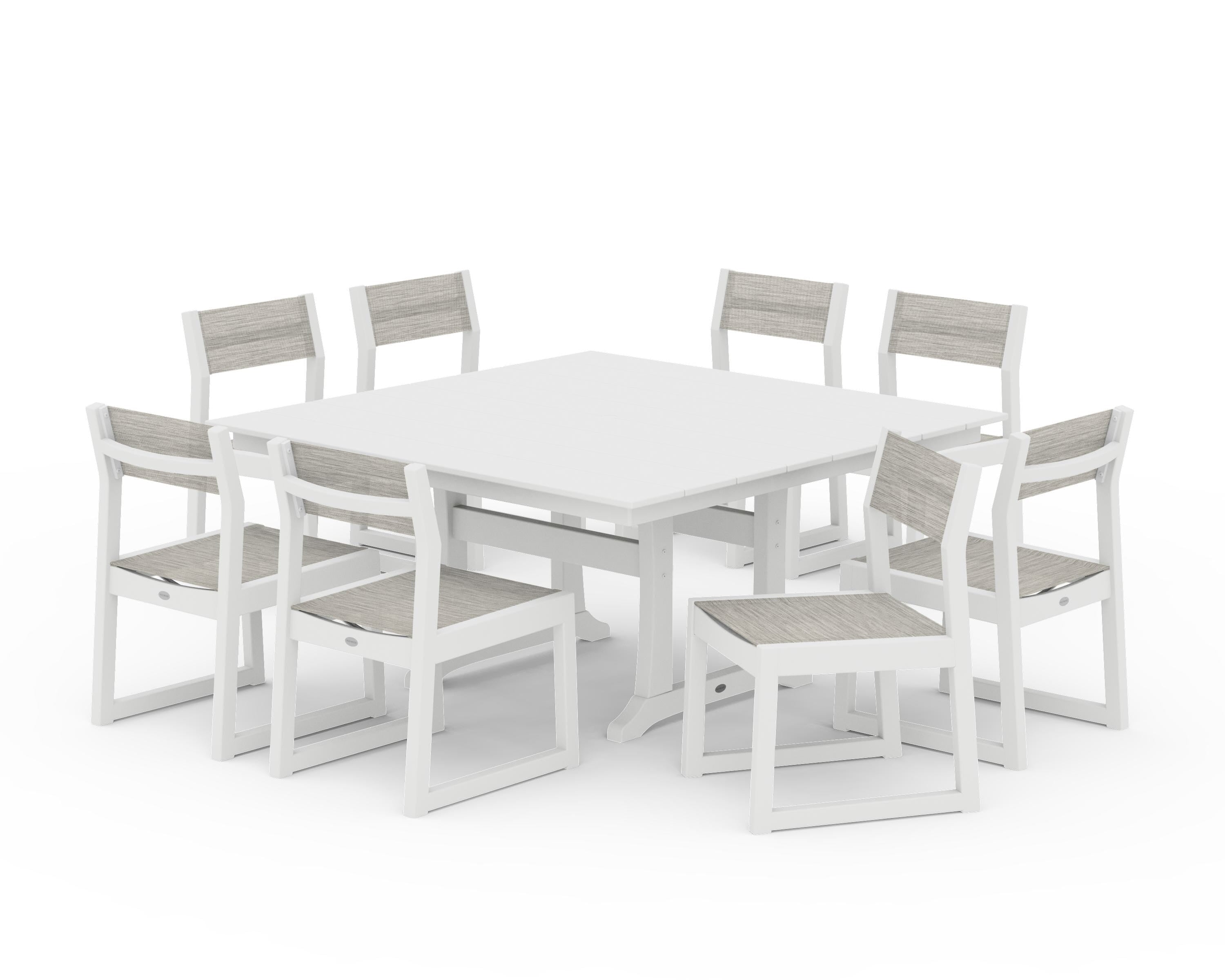 POLYWOOD EDGE Sling Side Chair 9-Piece Farmhouse Trestle Dining Set in White / Birch Sling