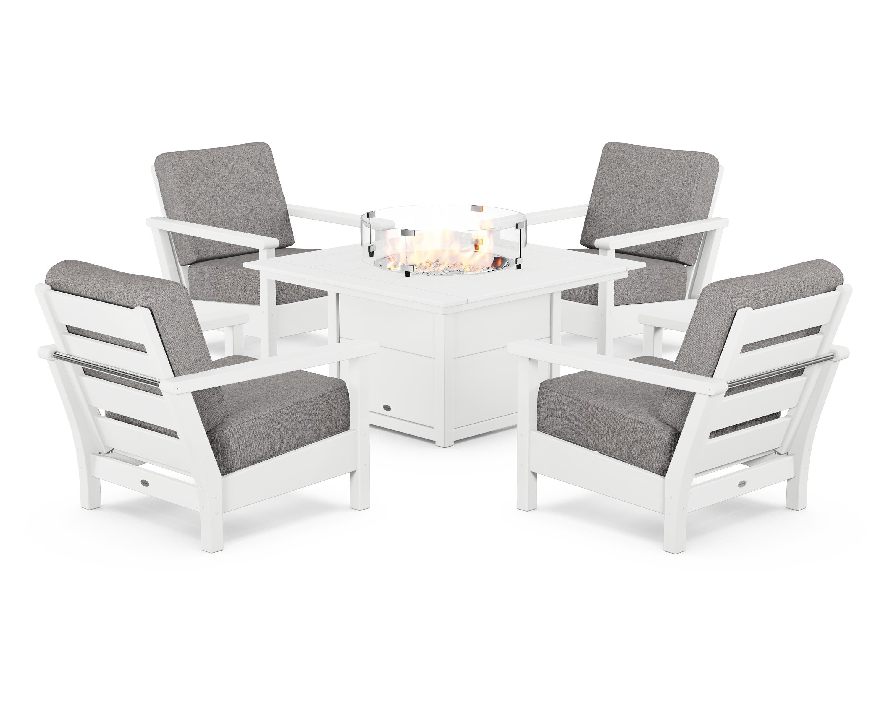 POLYWOOD Harbour 5-Piece Conversation Set with Fire Pit Table in White / Grey Mist