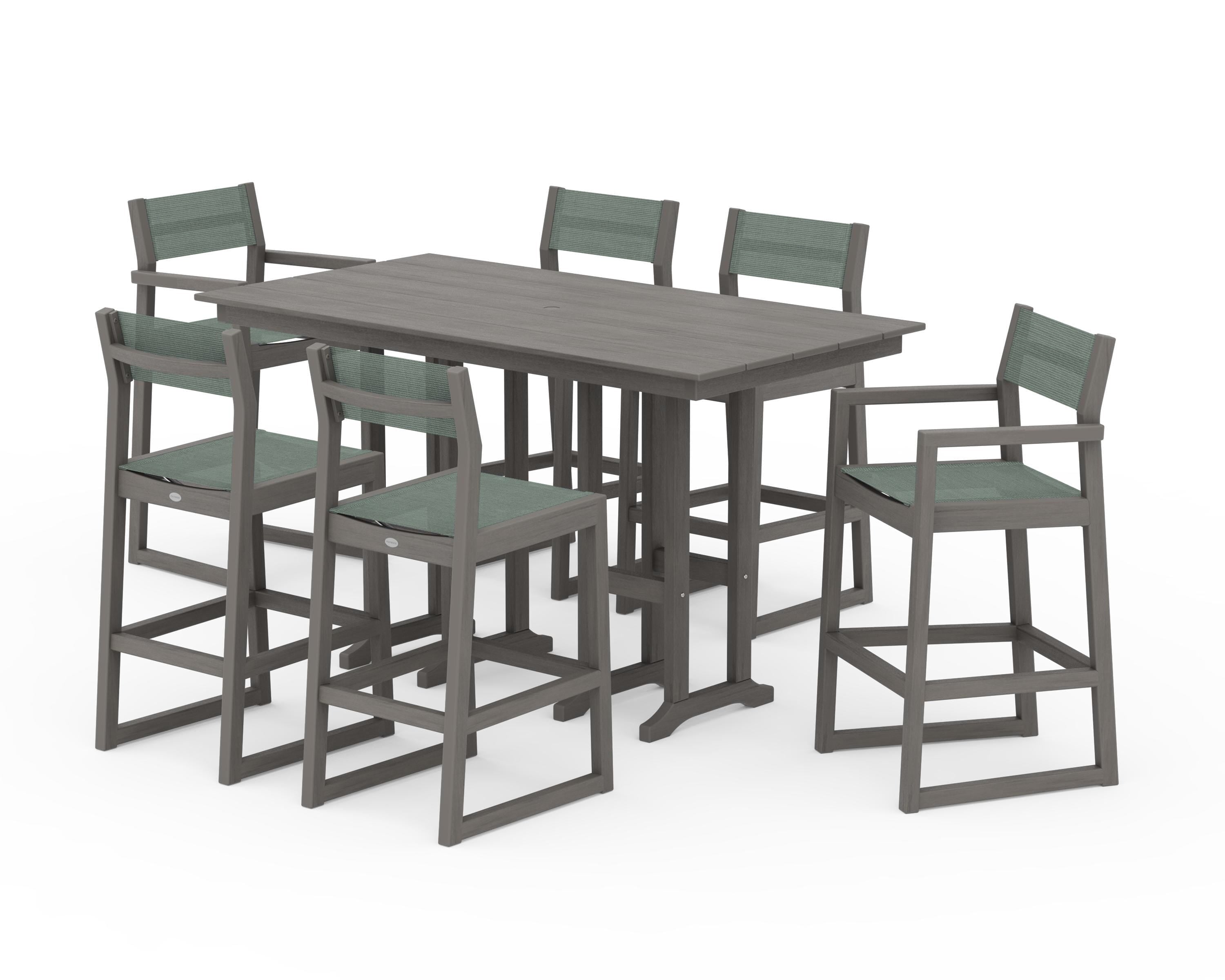POLYWOOD EDGE Sling 7-Piece Farmhouse Bar Set in Driftwood / Dupioni Sea Mist Sling