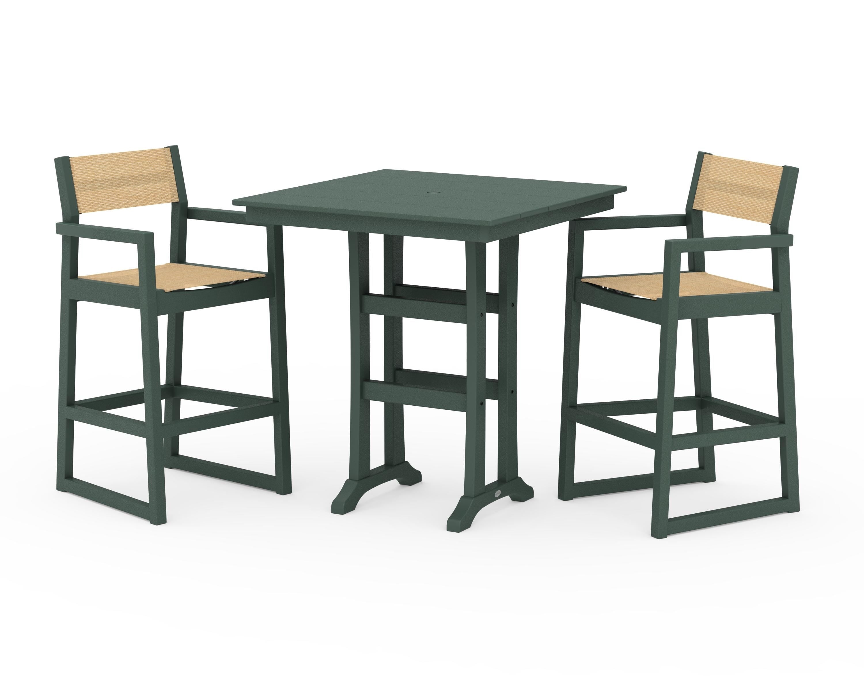POLYWOOD EDGE Sling Arm Chair 3-Piece Farmhouse Bar Set with Trestle Legs in Green / Dupioni Apricot Sling