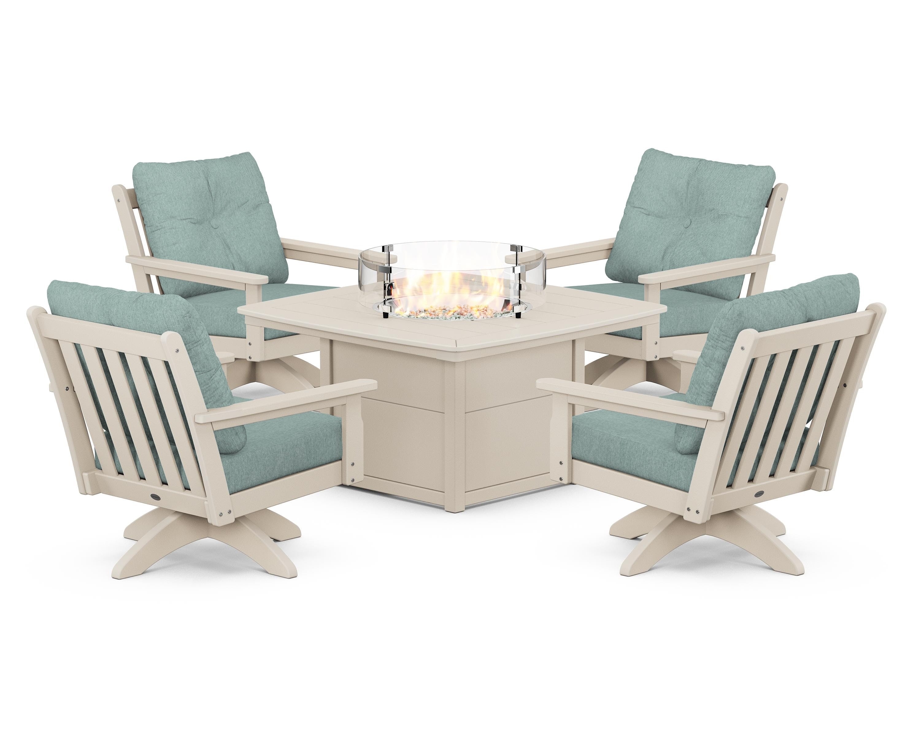 POLYWOOD Vineyard 5-Piece Deep Seating Swivel Conversation Set with Fire Pit Table in Sand / Glacier Spa