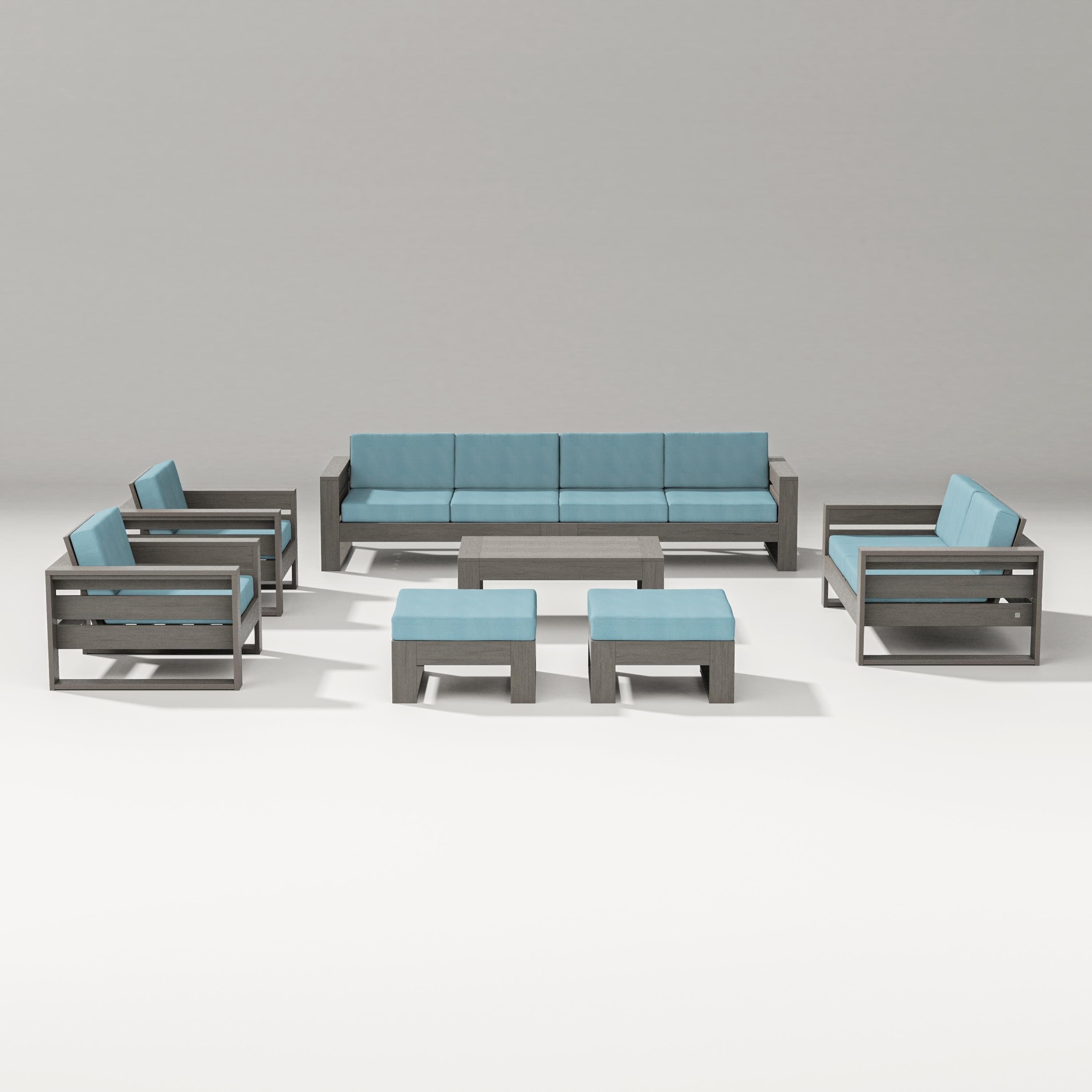 PW Designer Series Latitude 8-Piece Lounge Sofa Set in Driftwood / Lattice Sky Blue