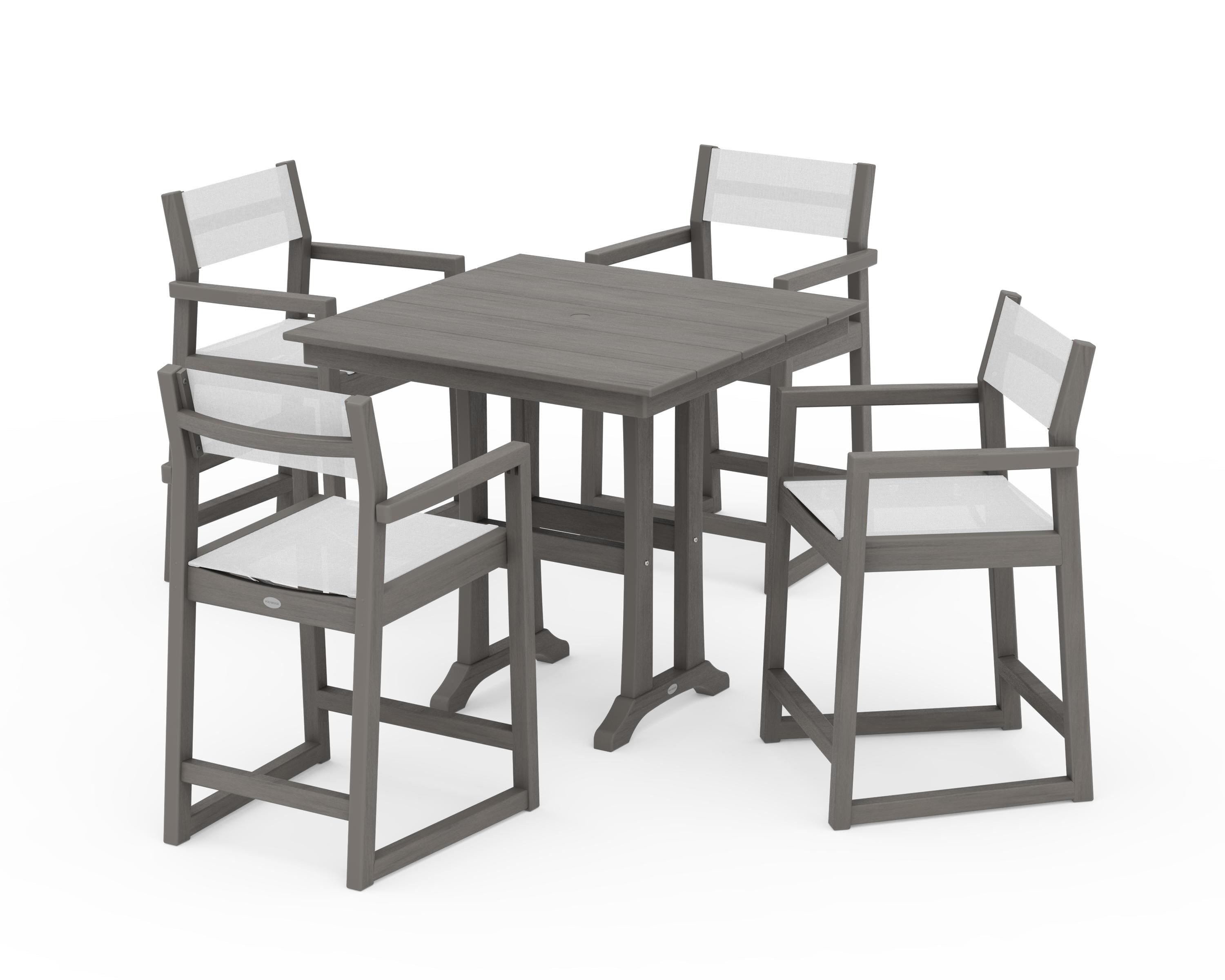 POLYWOOD EDGE Sling Arm Chair 5-Piece Farmhouse Counter Set with Trestle Legs in Driftwood / White Sling