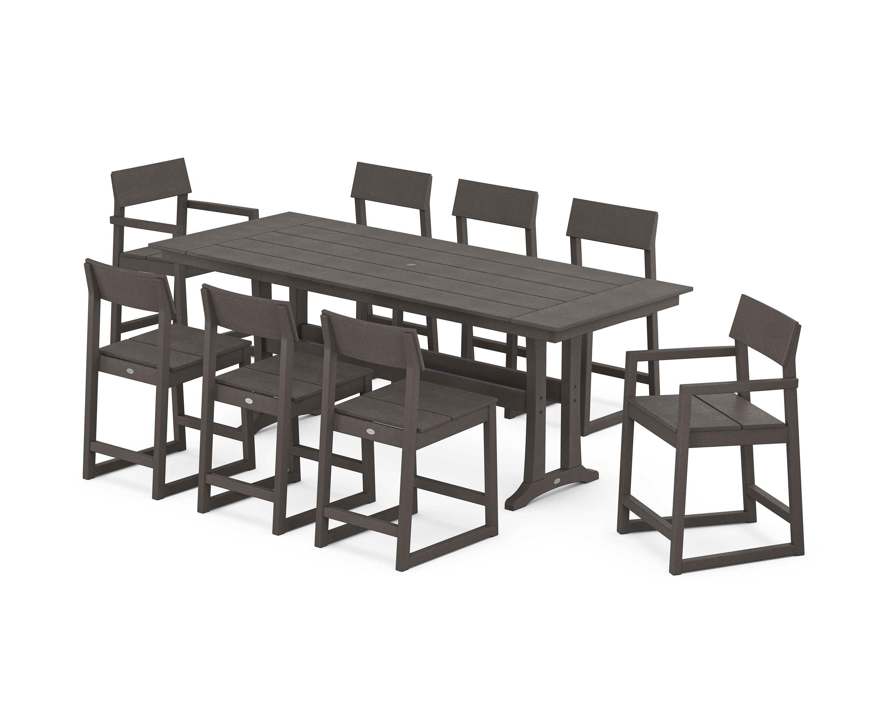 POLYWOOD EDGE 9-Piece Farmhouse Counter Set with Trestle Legs in Vintage Coffee