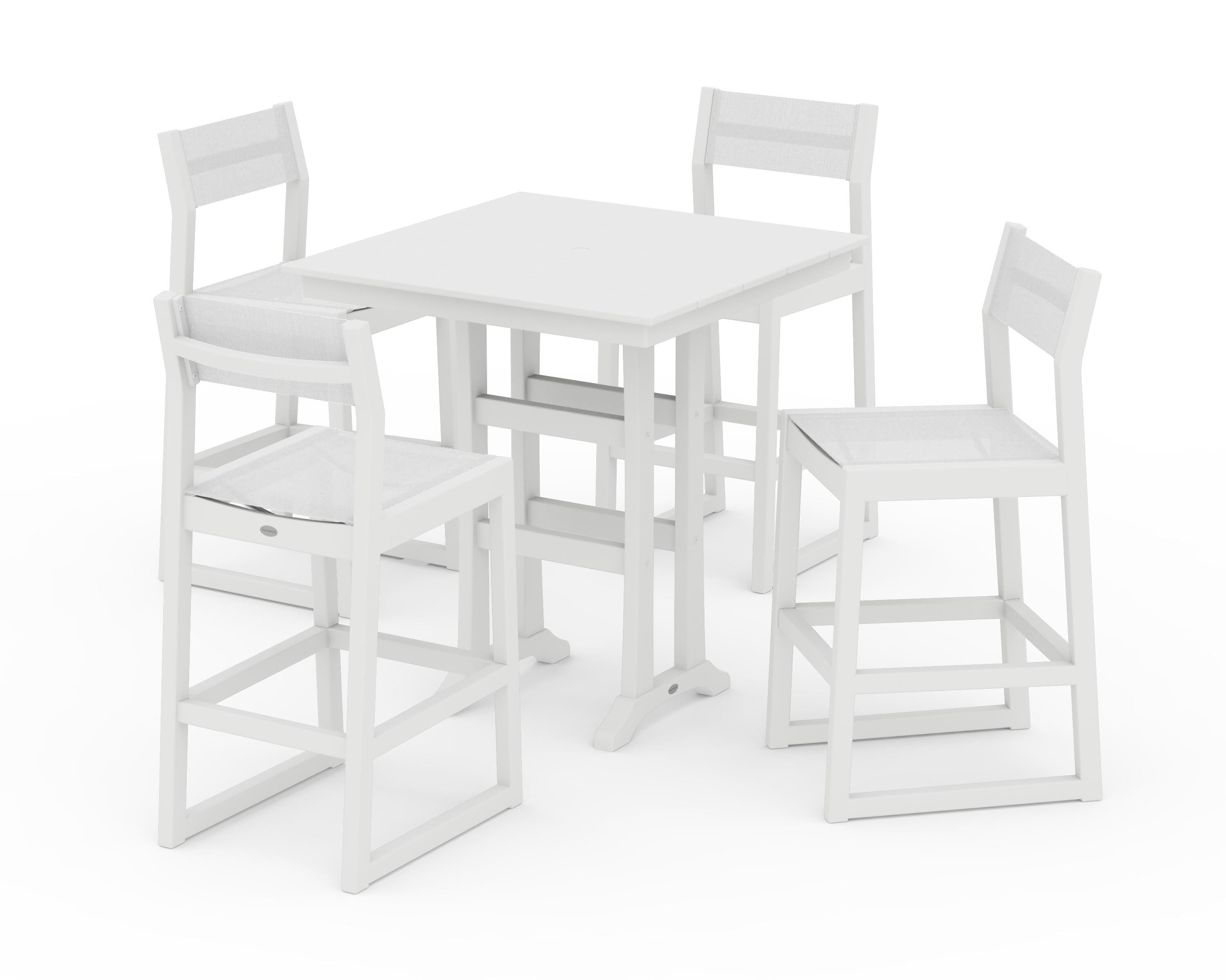 POLYWOOD EDGE Sling Arm Chair 5-Piece Farmhouse Bar Set with Trestle Legs in White / White Sling