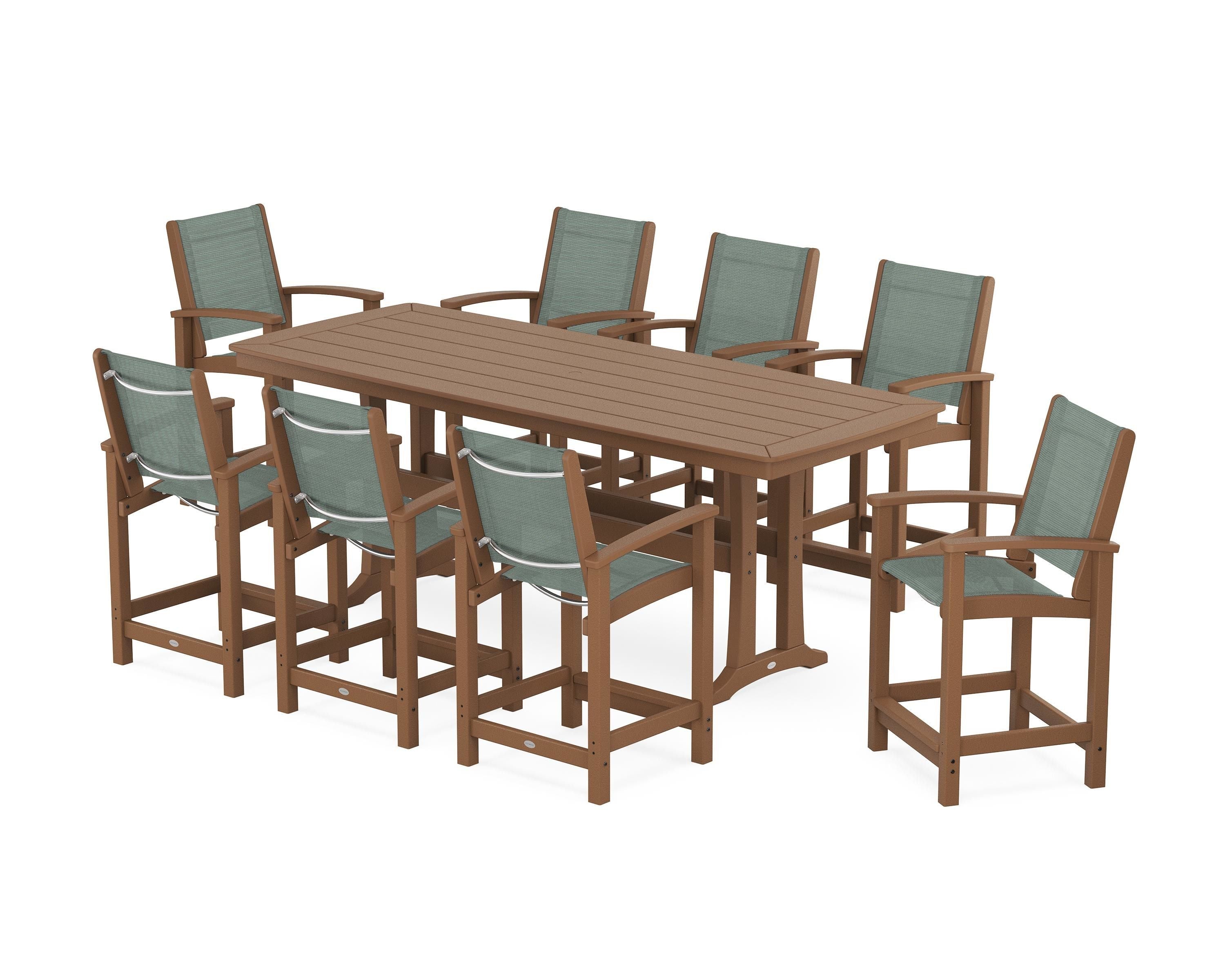 POLYWOOD Coastal 9-Piece Counter Set with Trestle Legs in Teak / Dupioni Sea Mist Sling