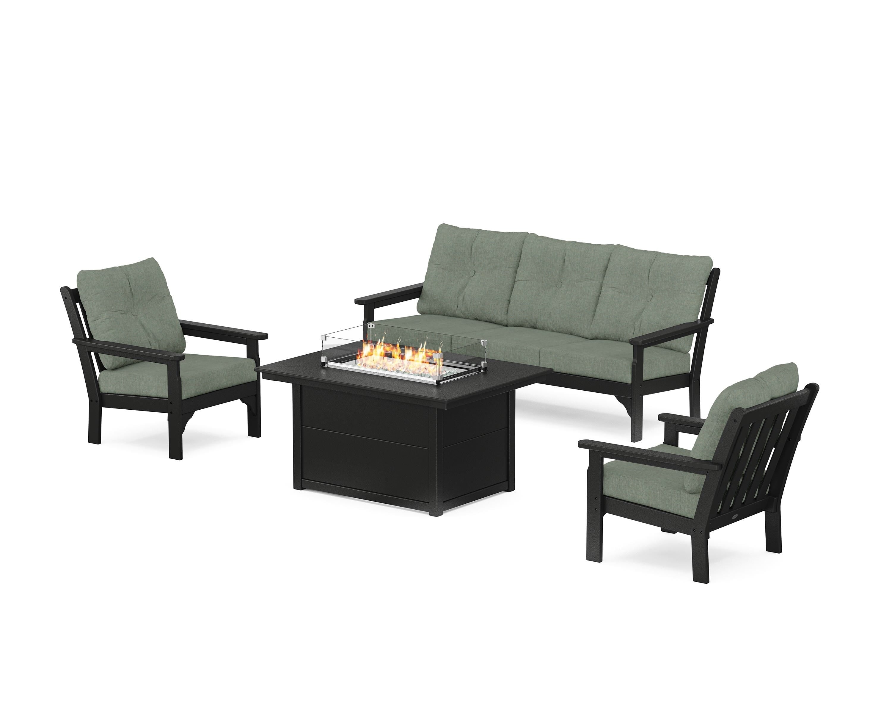 POLYWOOD Vineyard Deep Seating Fire Pit Table Set in Black / Cast Sage