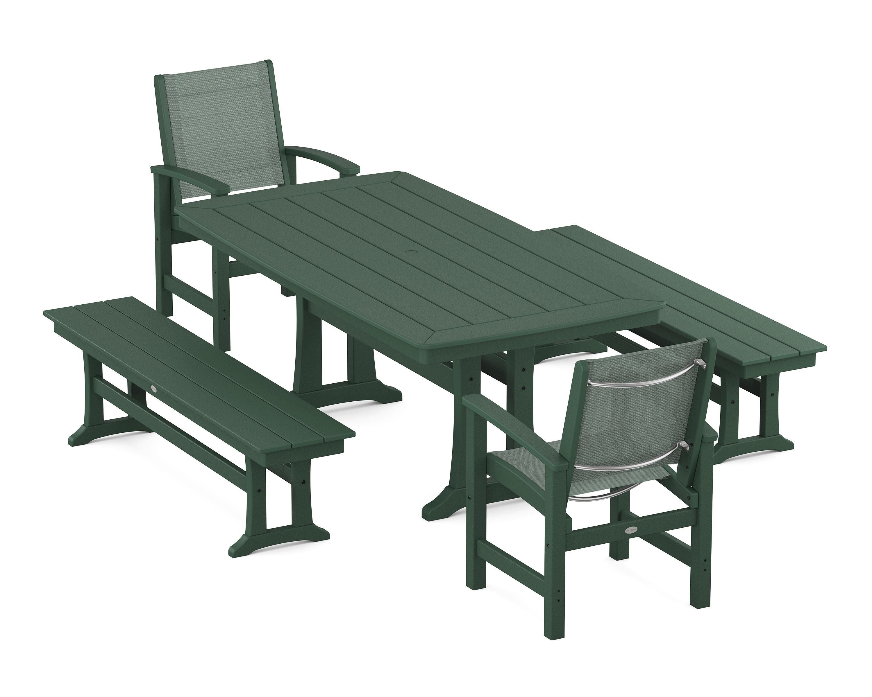 POLYWOOD Coastal 5-Piece Dining Set with Trestle Legs and Benches in Green / Dupioni Sea Mist Sling