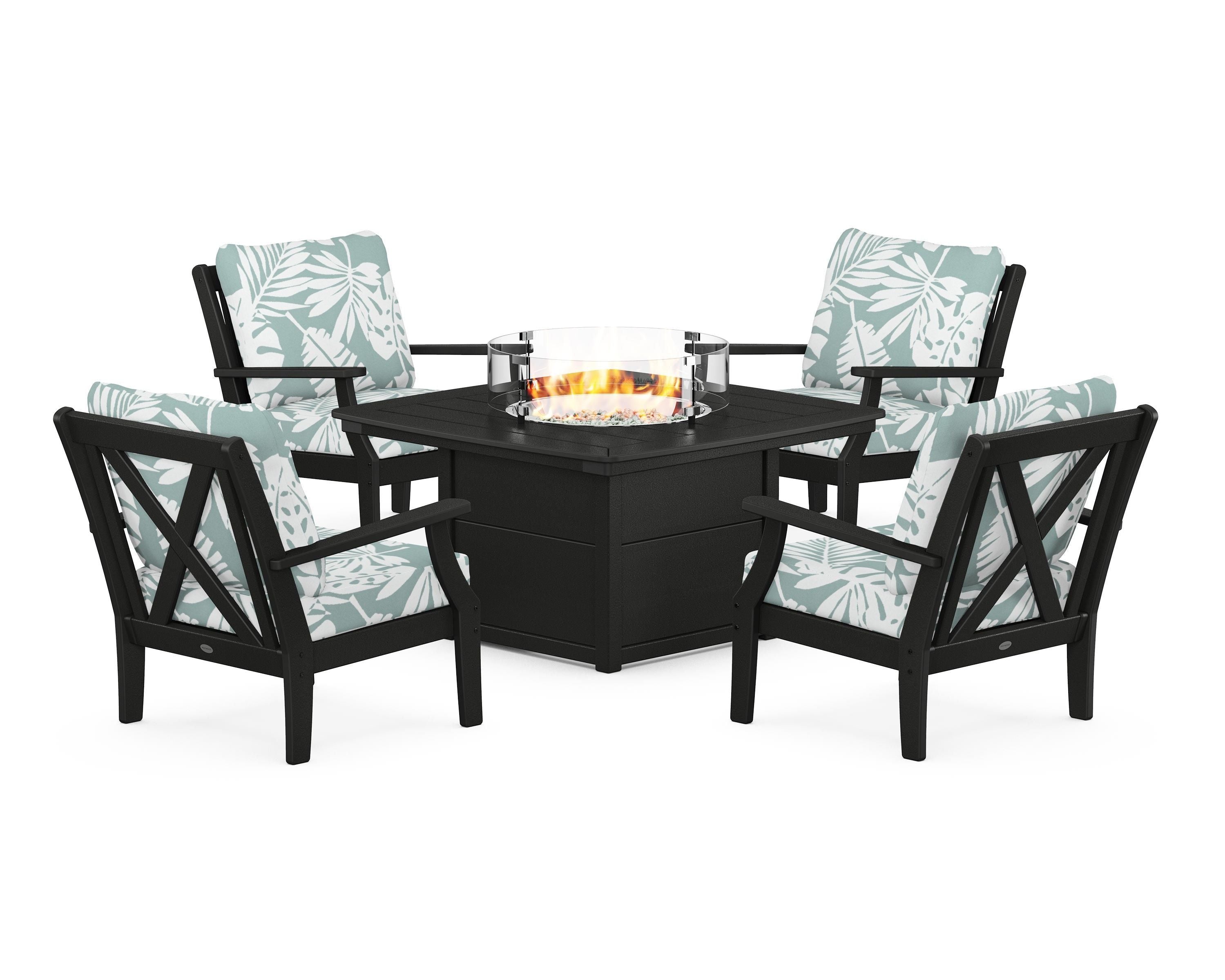 POLYWOOD Braxton 5-Piece Deep Seating Conversation Set with Fire Pit Table in Black / Leaf Glacier Spa
