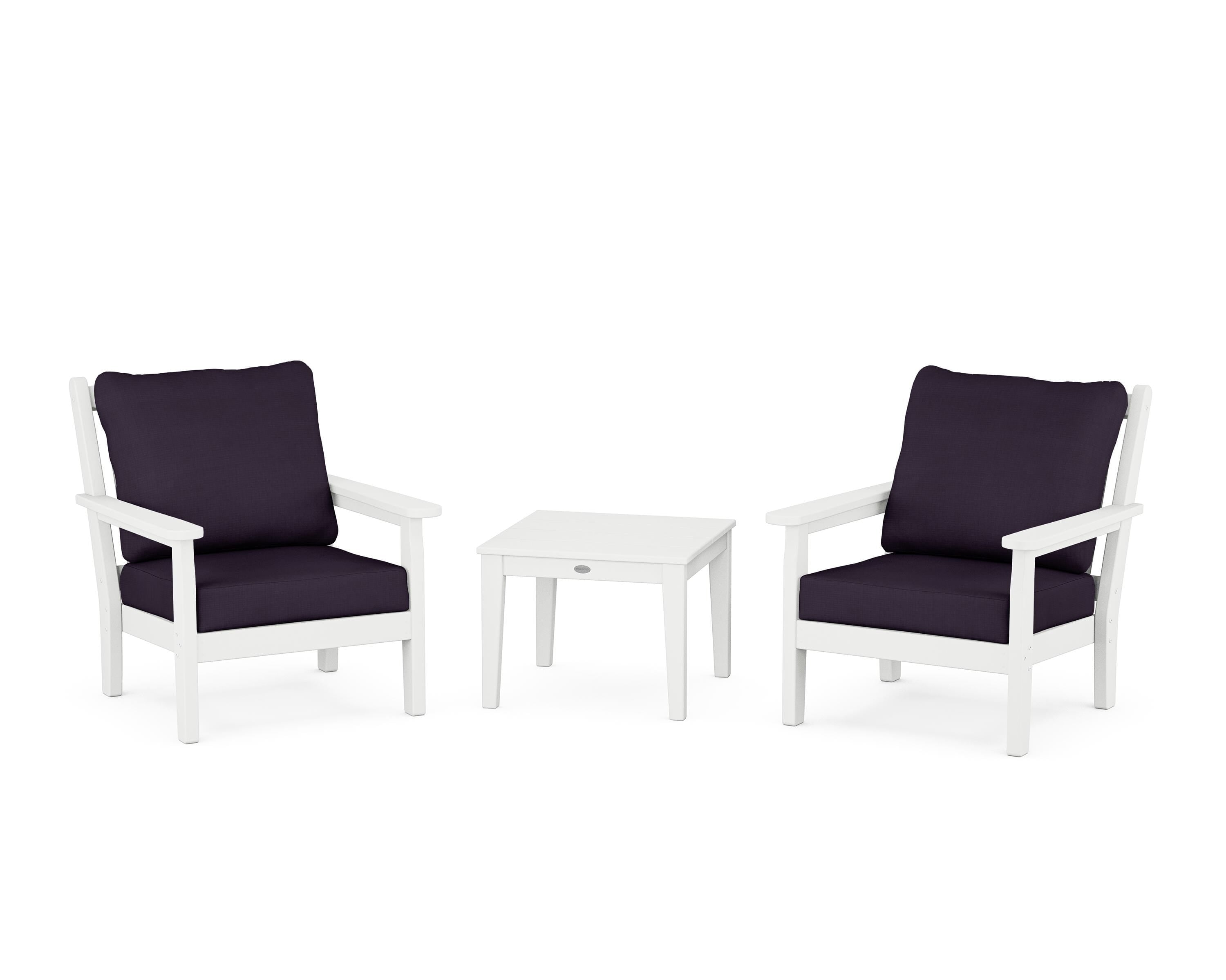 POLYWOOD Chippendale 3-Piece Deep Seating Set in White / Navy Linen