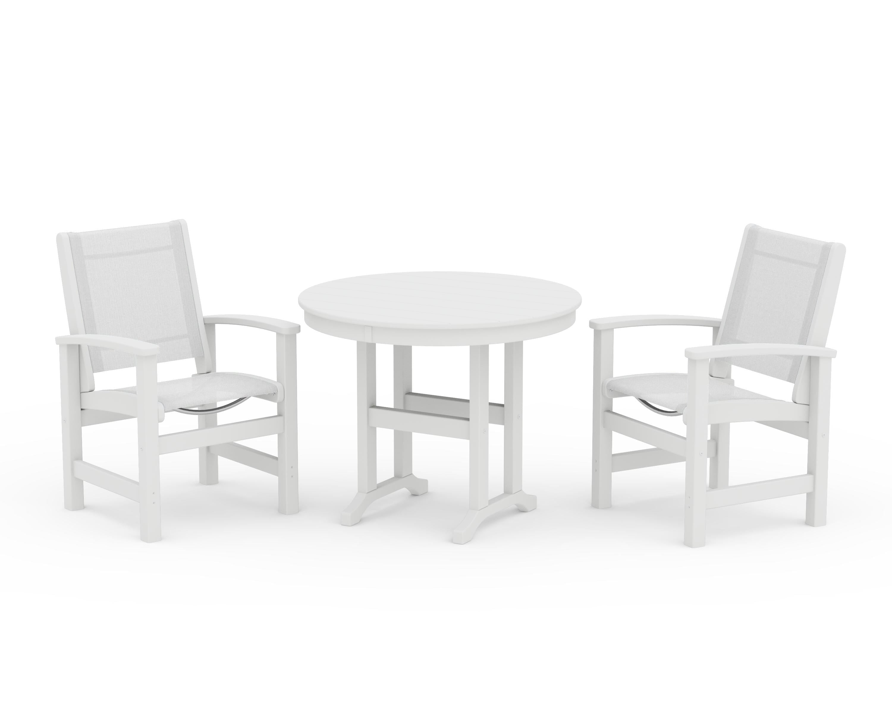 POLYWOOD Coastal 3-Piece Round Dining Set in White / White Sling