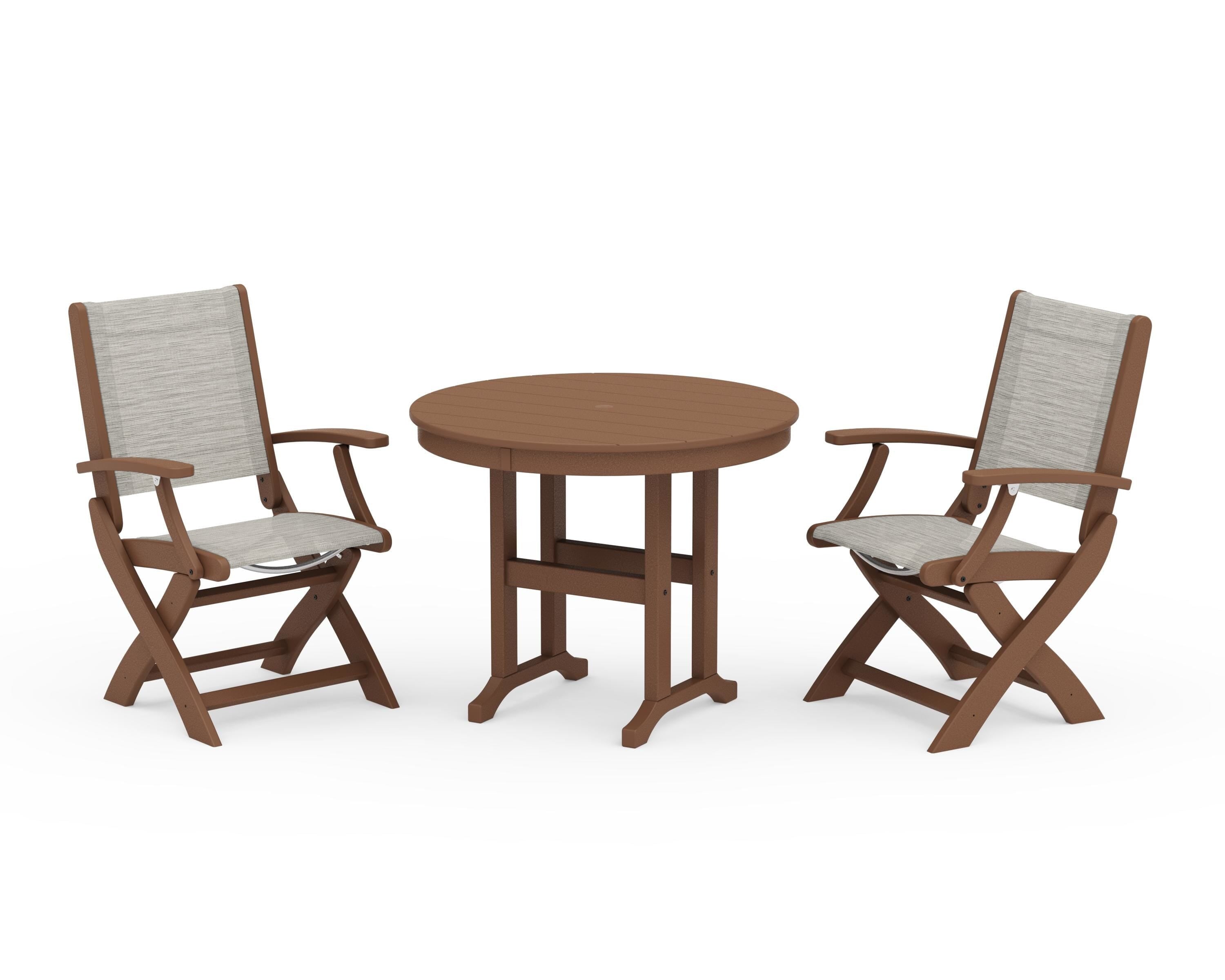 POLYWOOD Coastal Folding Chair 3-Piece Round Dining Set in Teak / Birch Sling