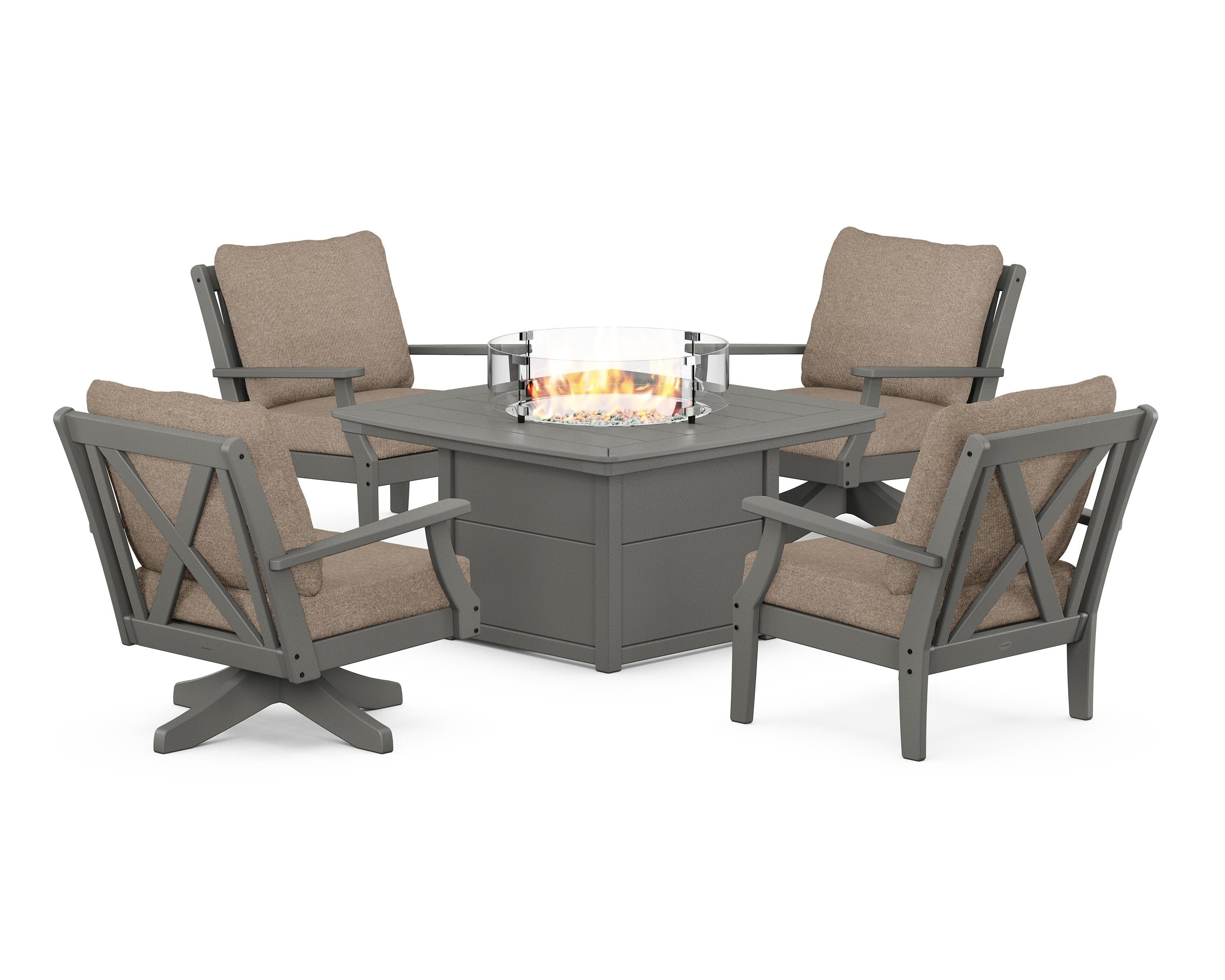 POLYWOOD Braxton 5-Piece Deep Seating Set with Fire Table in Slate Grey / Spiced Burlap