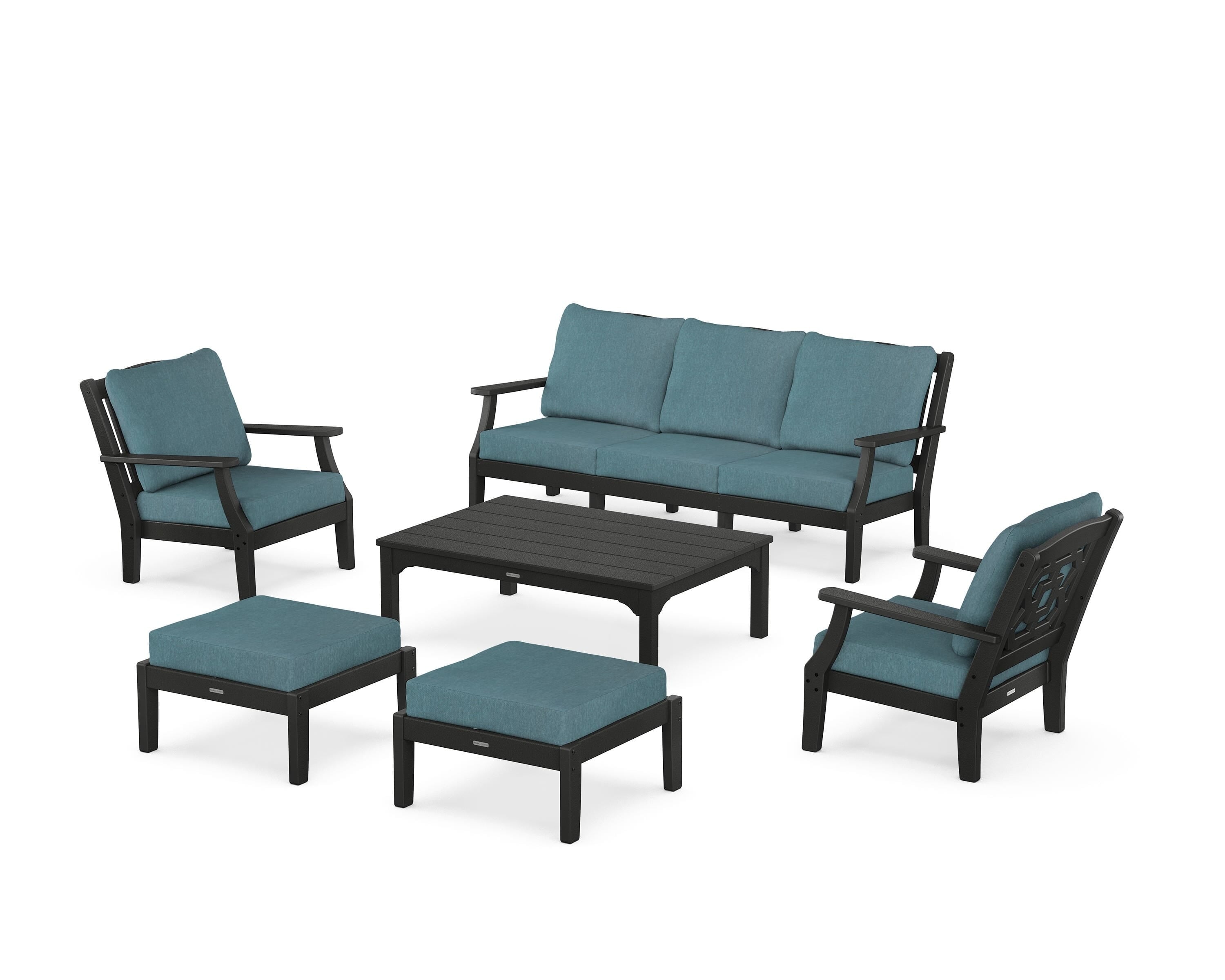 Martha Stewart by POLYWOOD Chinoiserie 6-Piece Lounge Sofa Set in Black / Ocean Teal