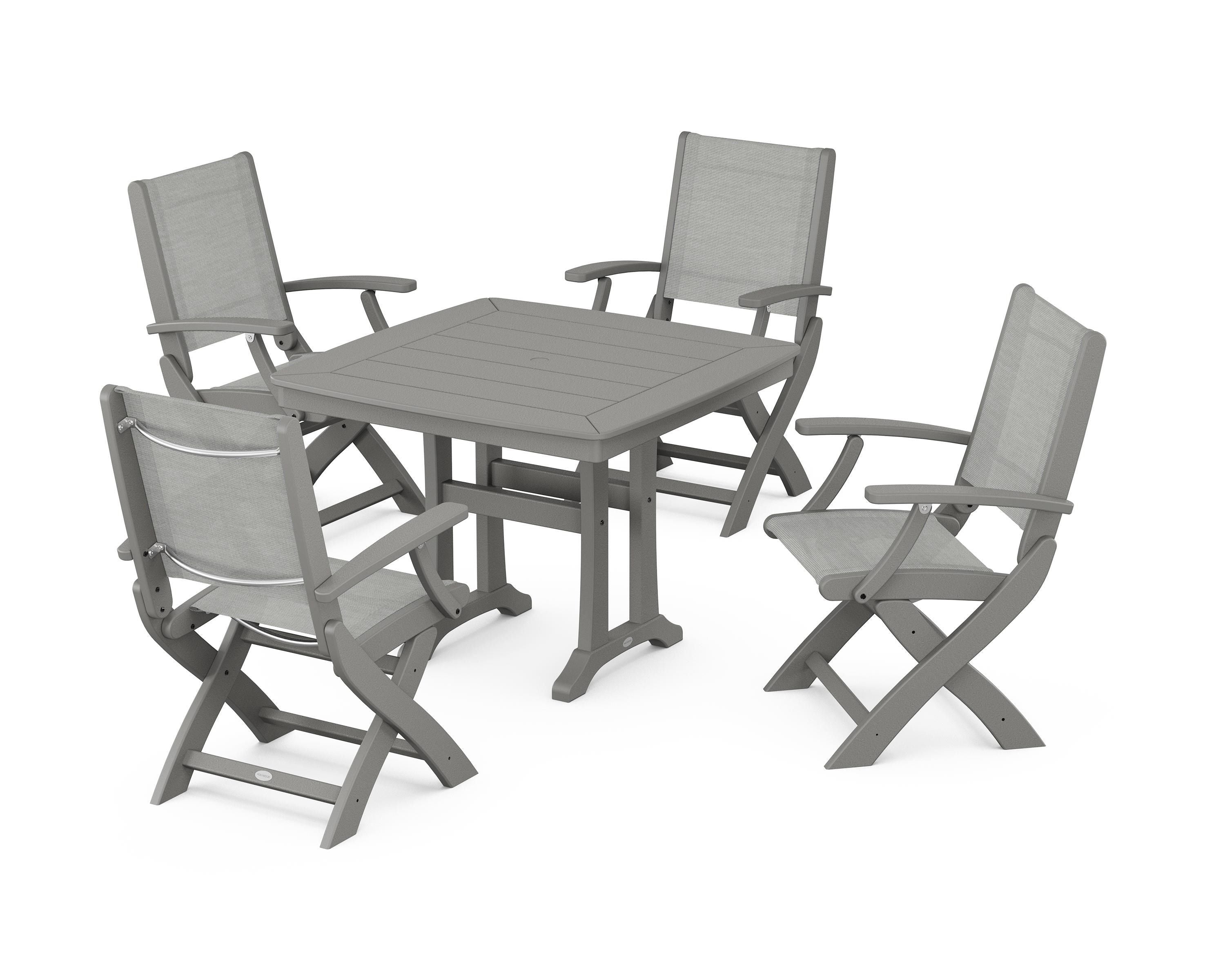 POLYWOOD Coastal Folding Chair 5-Piece Dining Set with Trestle Legs in Slate Grey / Metallic Sling