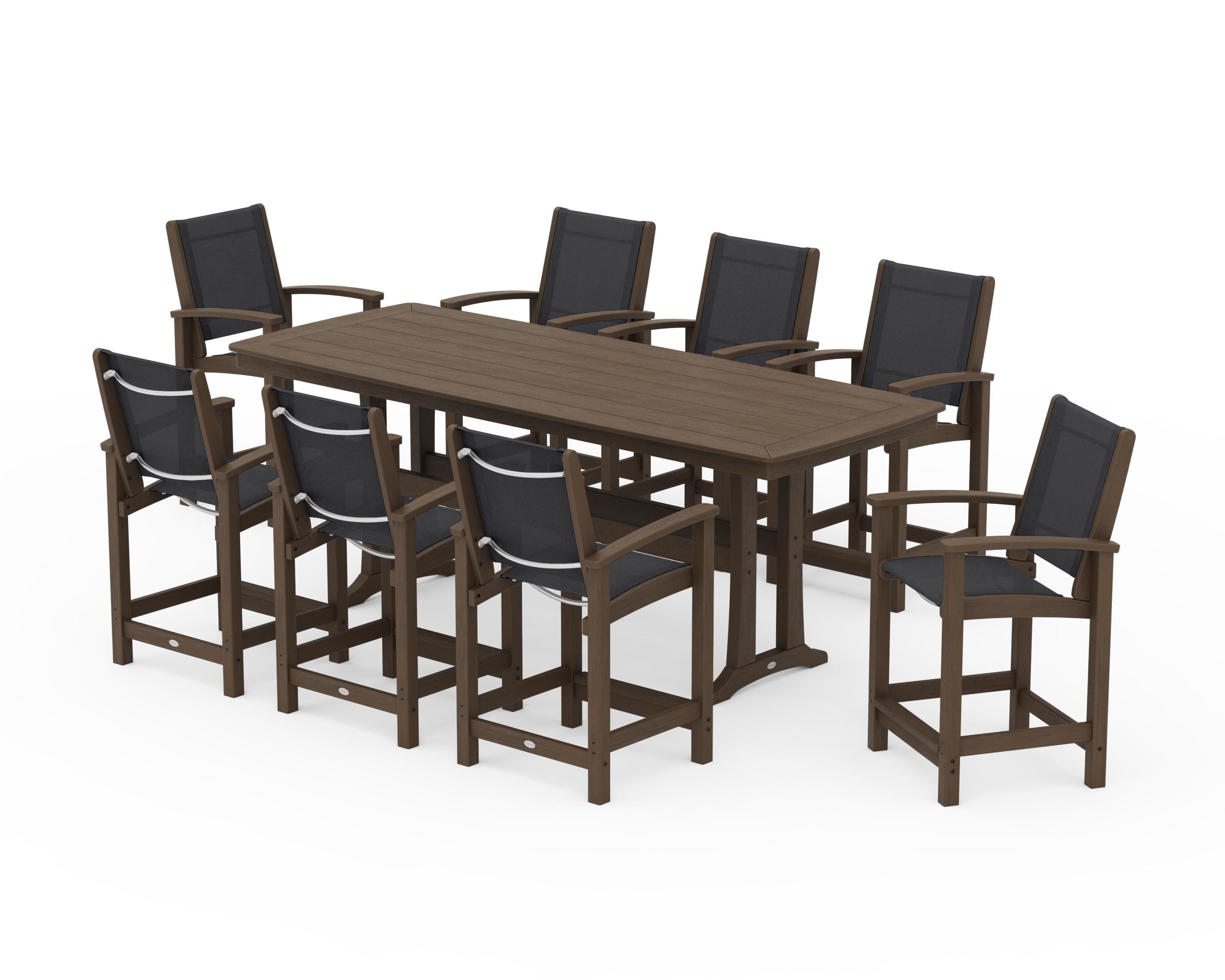 POLYWOOD Coastal 9-Piece Counter Set with Trestle Legs in Kona / Black Sling